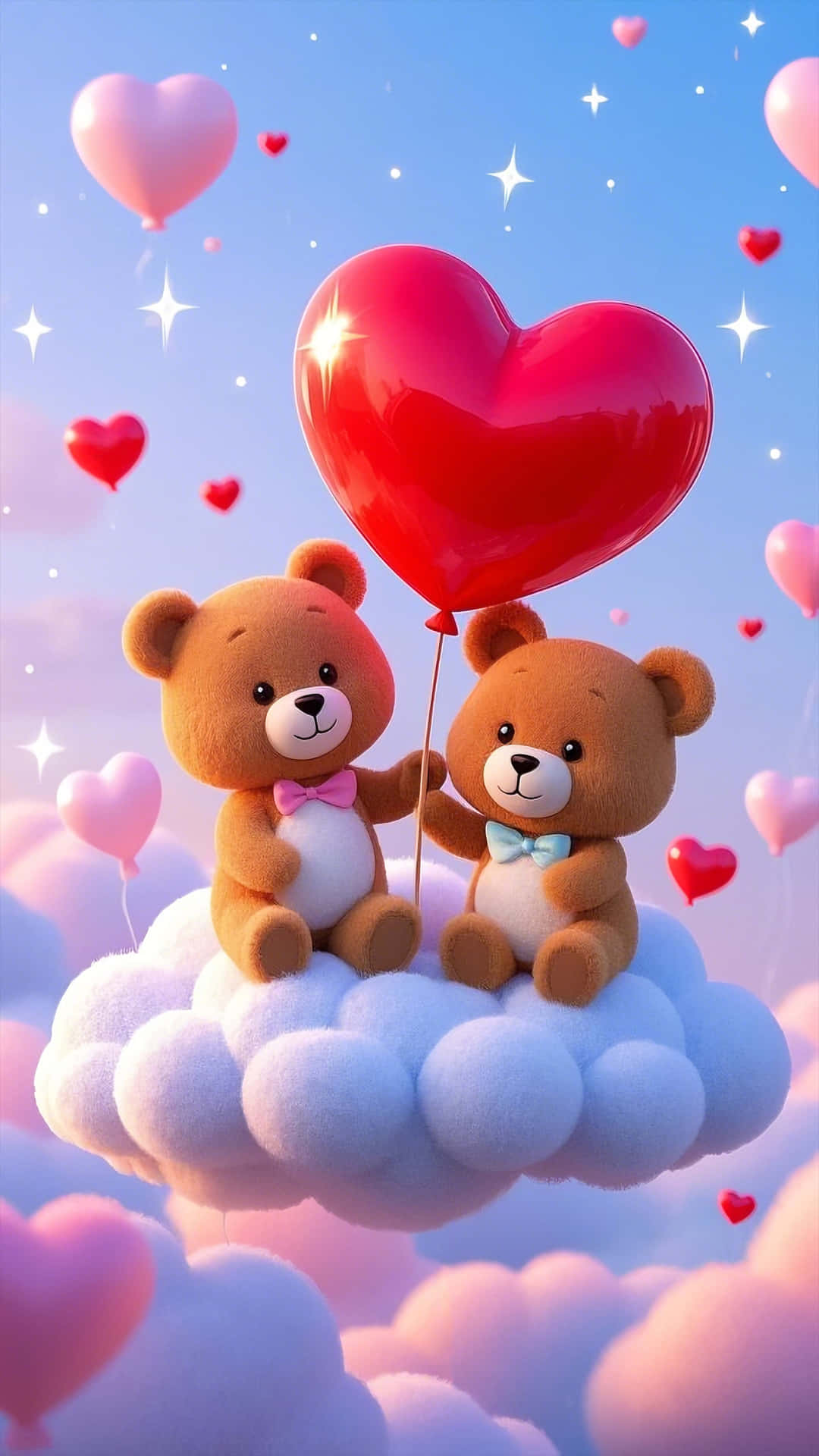 3d Teddy Bears Cuddling On A Cloud With Heart Balloon Wallpaper