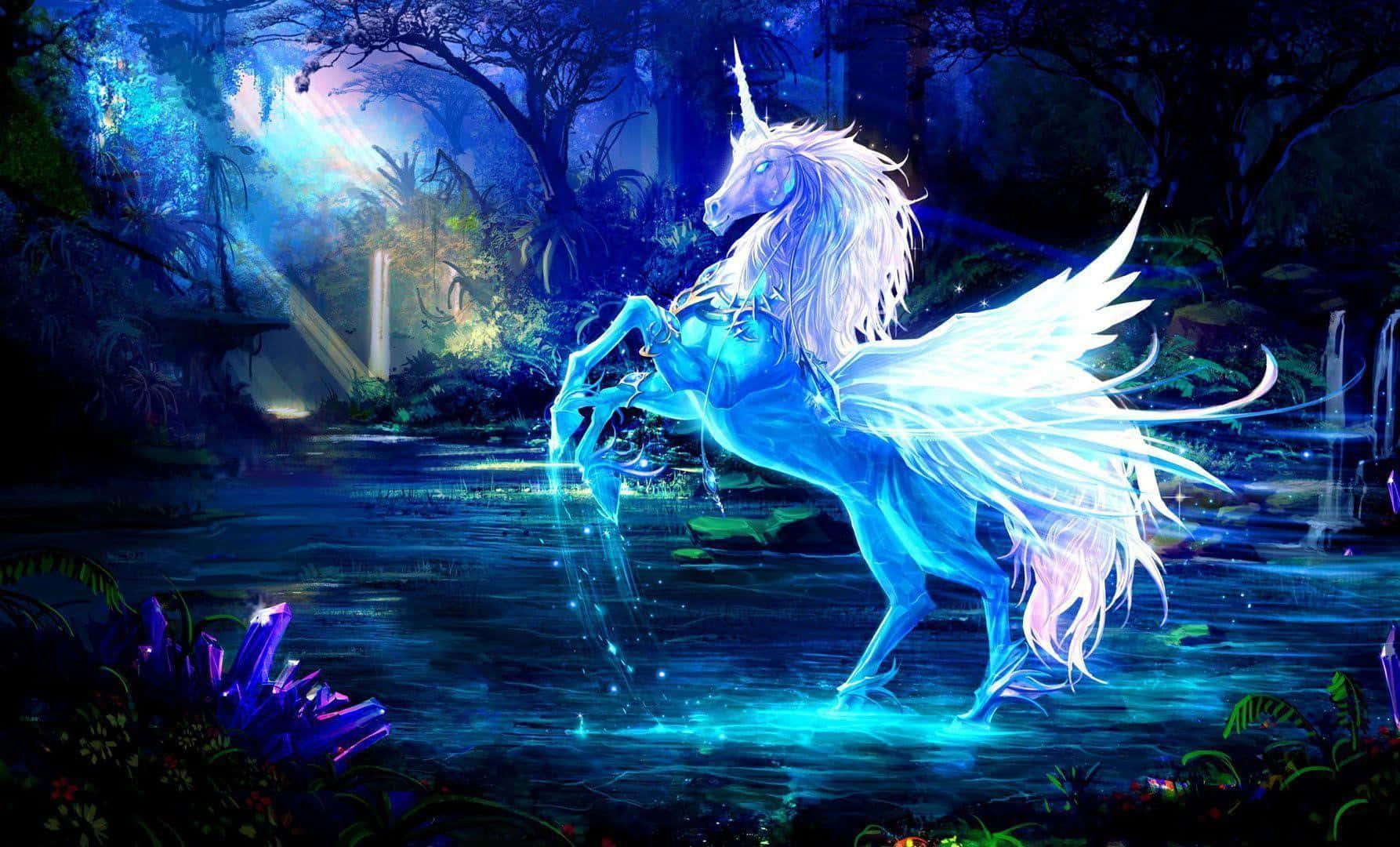 Majestic 3D Unicorn in a Magical Enchanted Forest Wallpaper