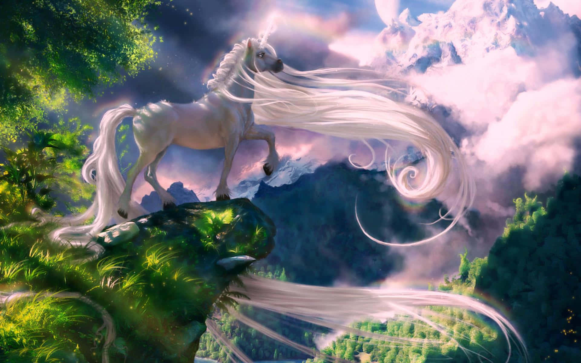 Enchanting 3D Unicorn in a Mystical Forest Wallpaper