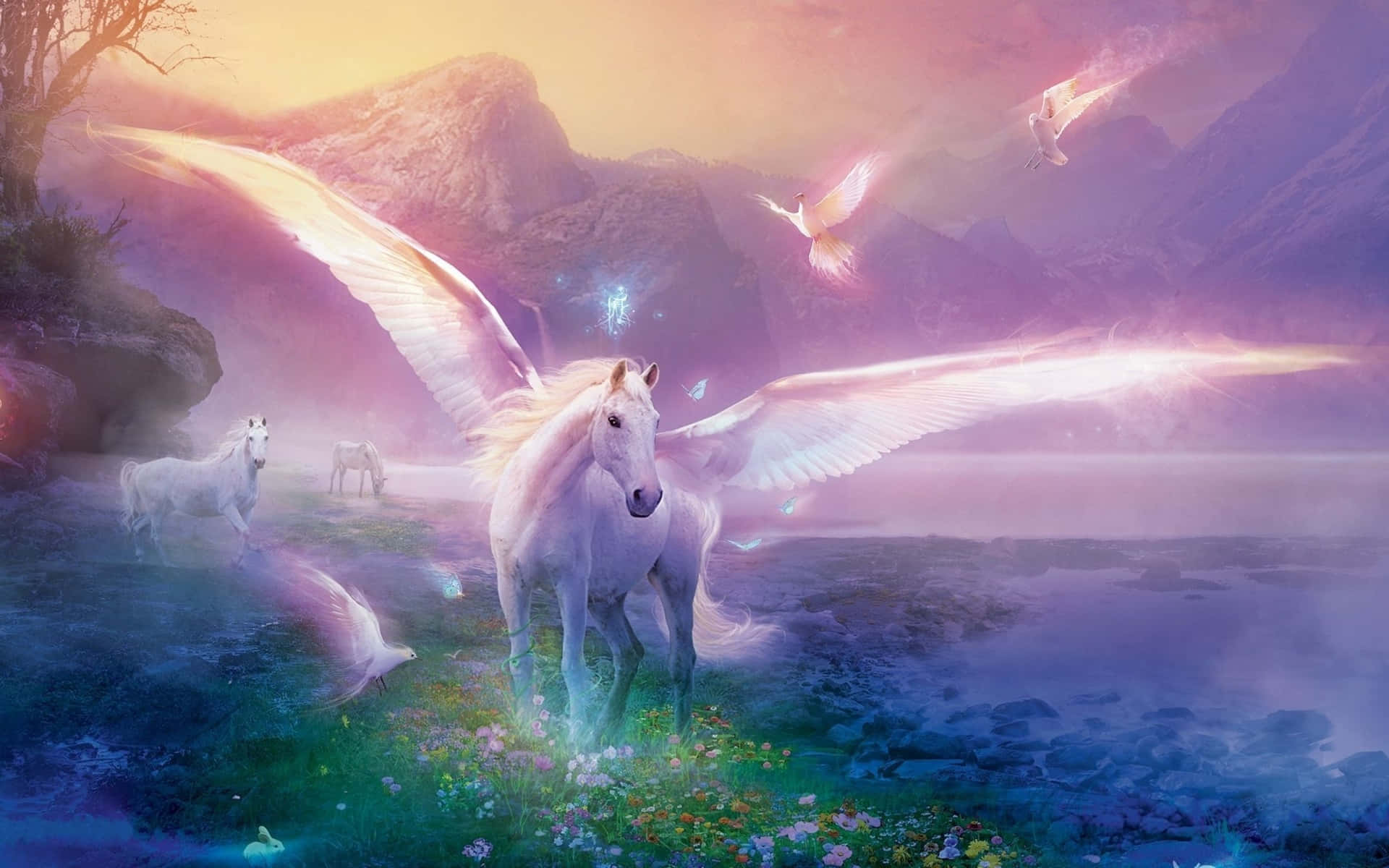 Majestic 3D Unicorn in a Magical Landscape Wallpaper