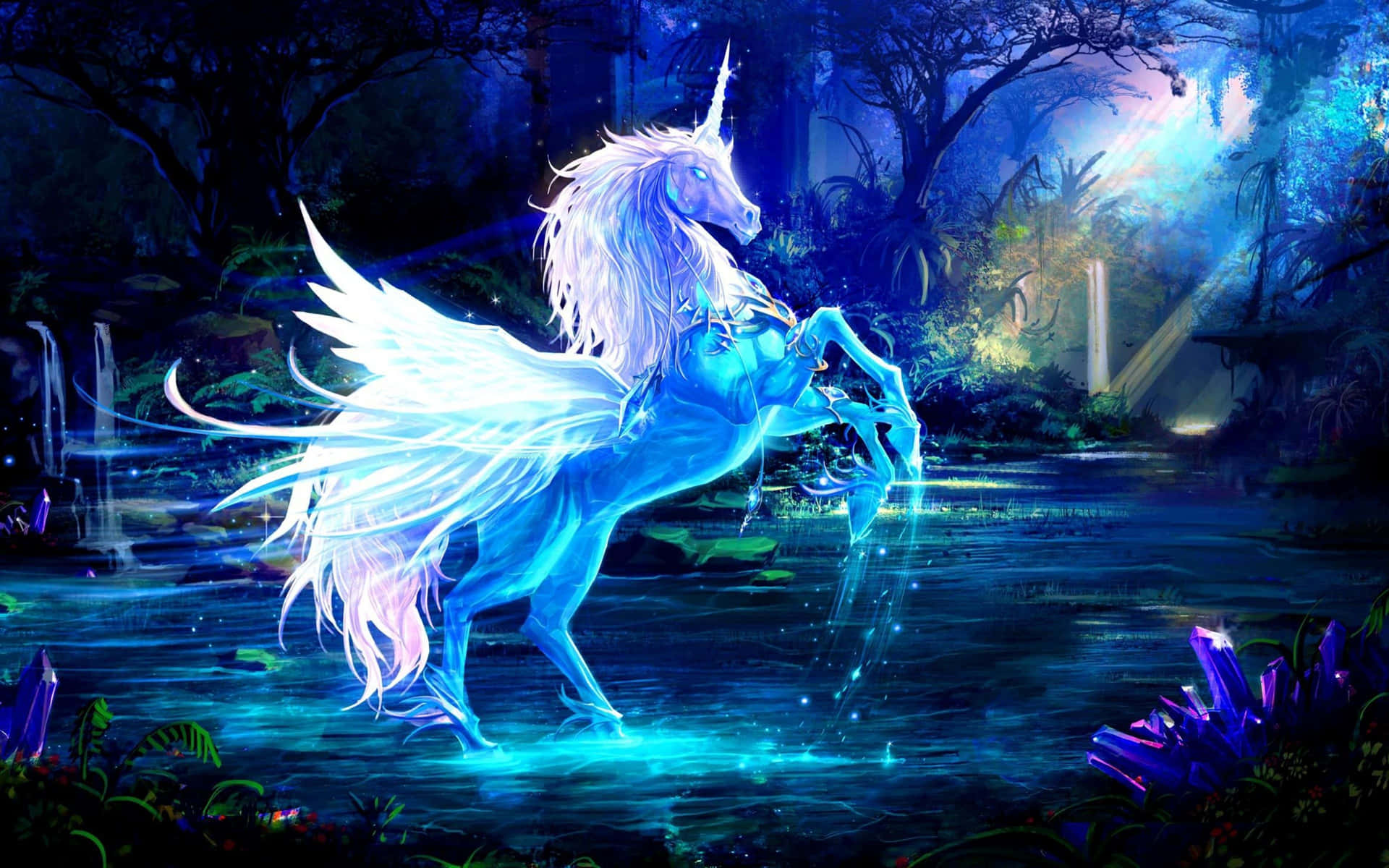 Majestic 3D Unicorn in Enchanted Forest Wallpaper