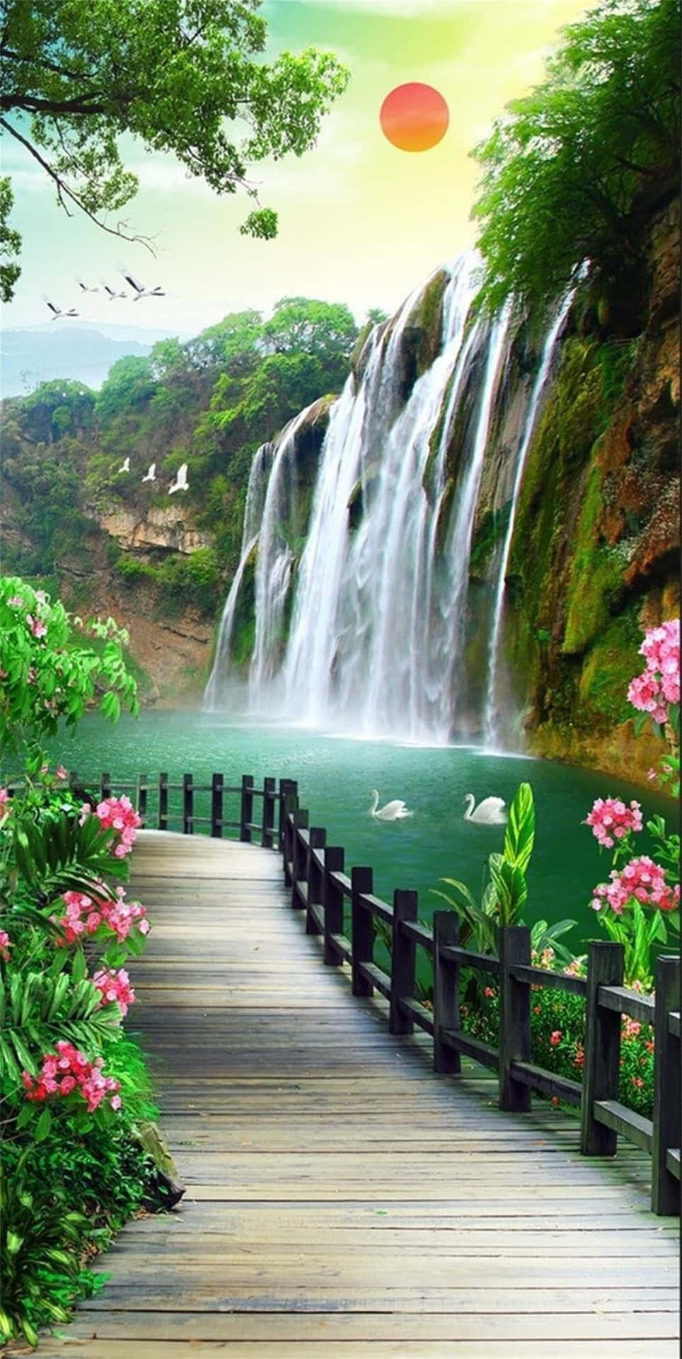 Mesmerizing 3D Waterfall in a Lush Green Forest Wallpaper