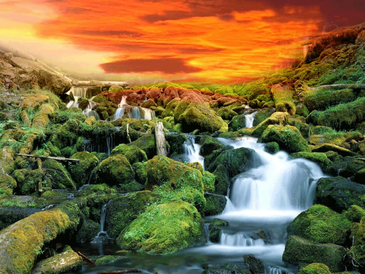 Majestic 3D Waterfall Surrounded by Nature Wallpaper