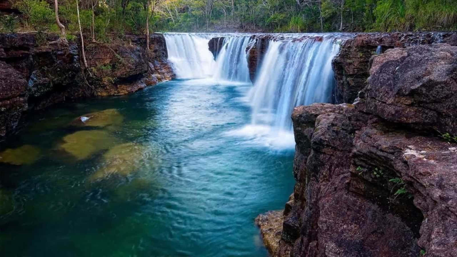 Majestic 3D Waterfall in a Serene Jungle Wallpaper