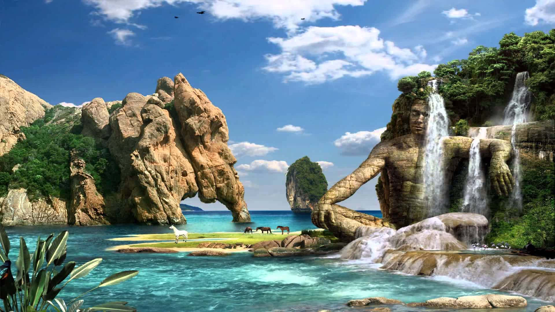 Enchanting 3D Waterfall in a serene landscape Wallpaper