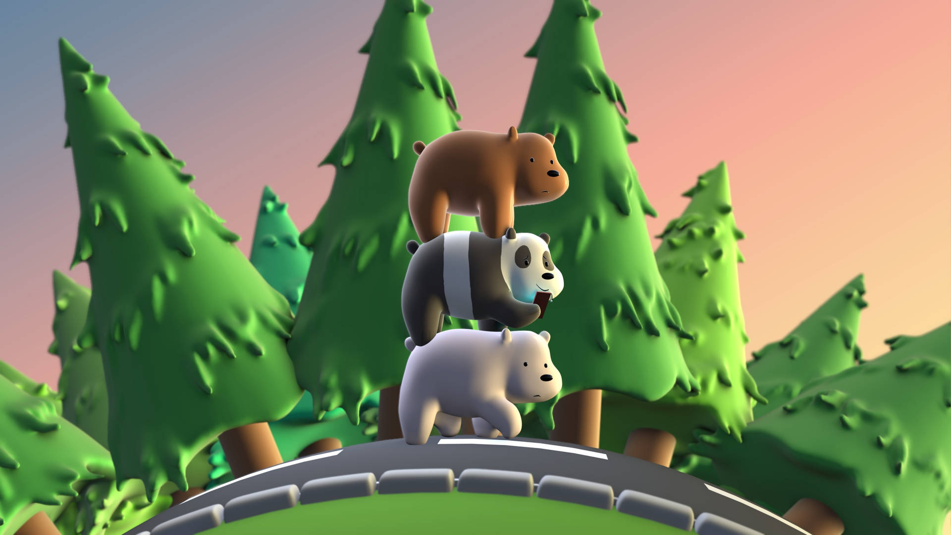 3d We Bare Bears In Road Background