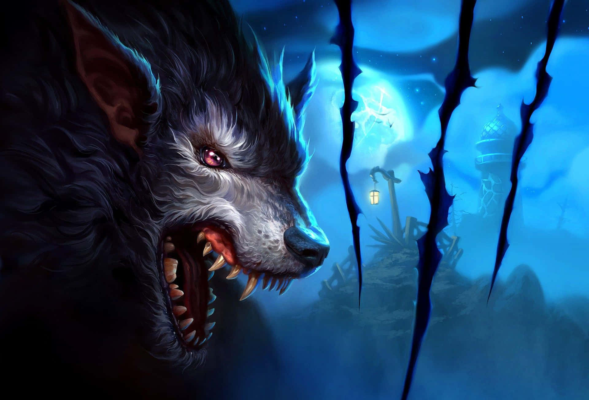 A fierce 3D wolf leaps from the darkness Wallpaper