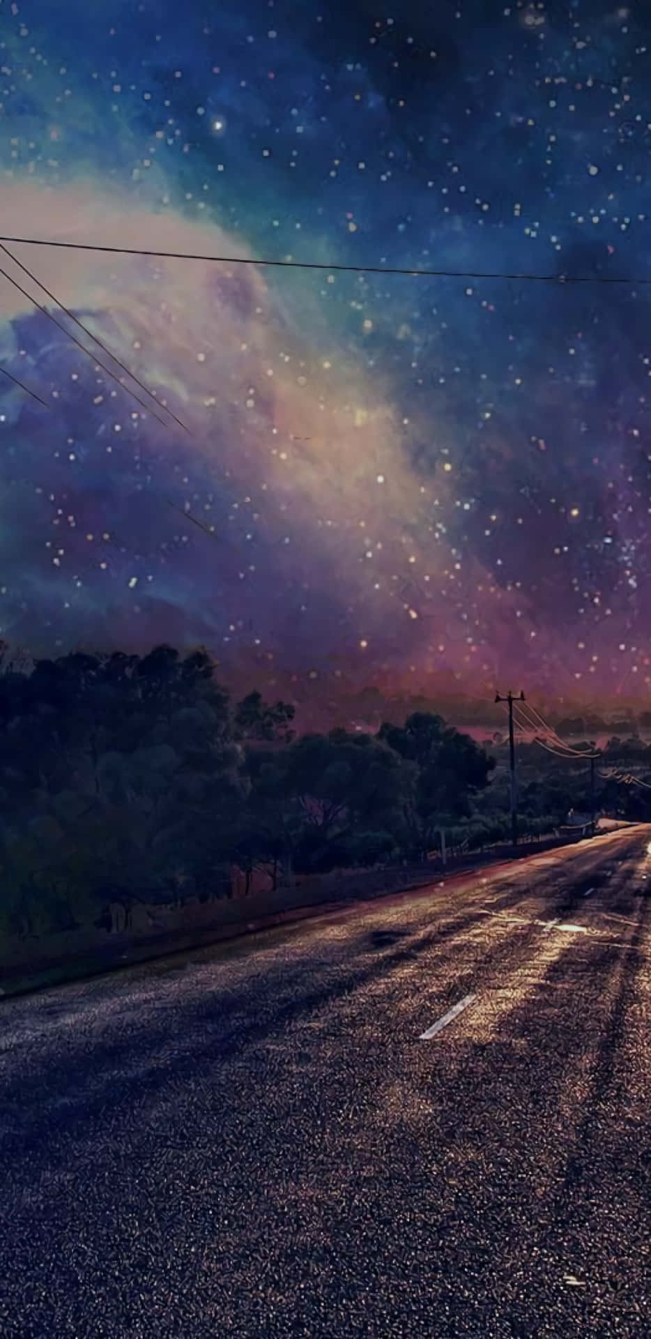 a road with stars and a starry sky