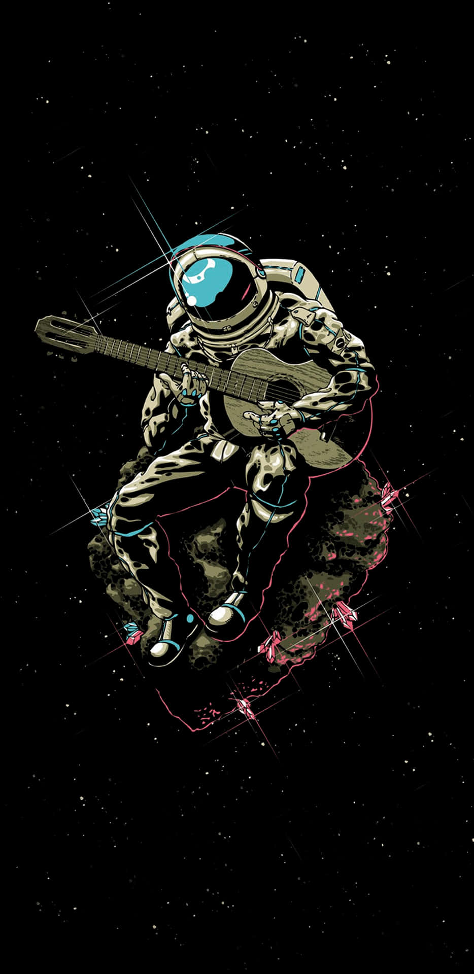 An Astronaut Is Sitting On A Rock With A Guitar