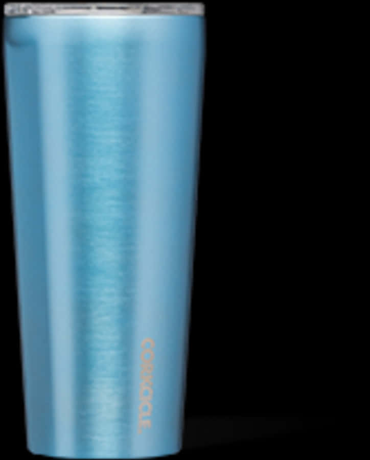 Light blue metallic tumbler with gold logo on black background