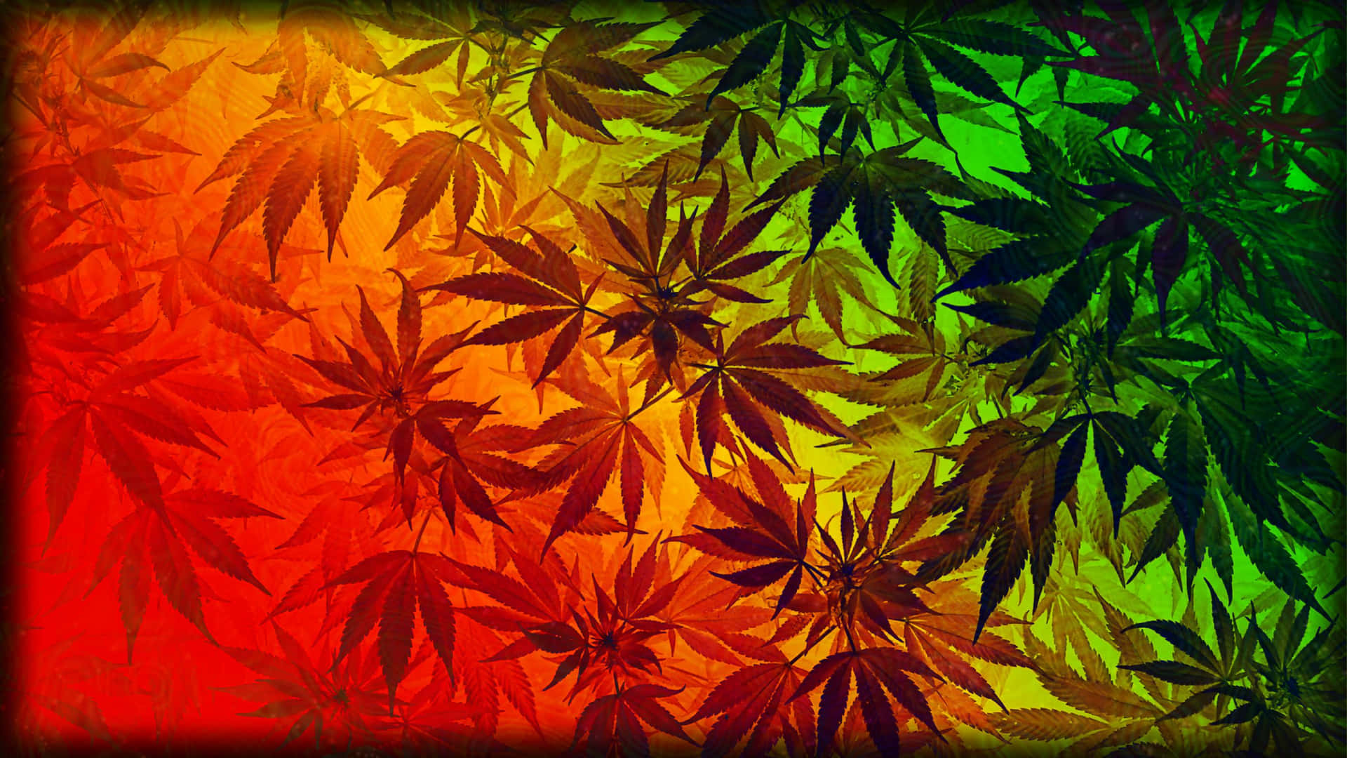 A captivating and vibrant 420-themed background with assorted cannabis leaves and neon colors