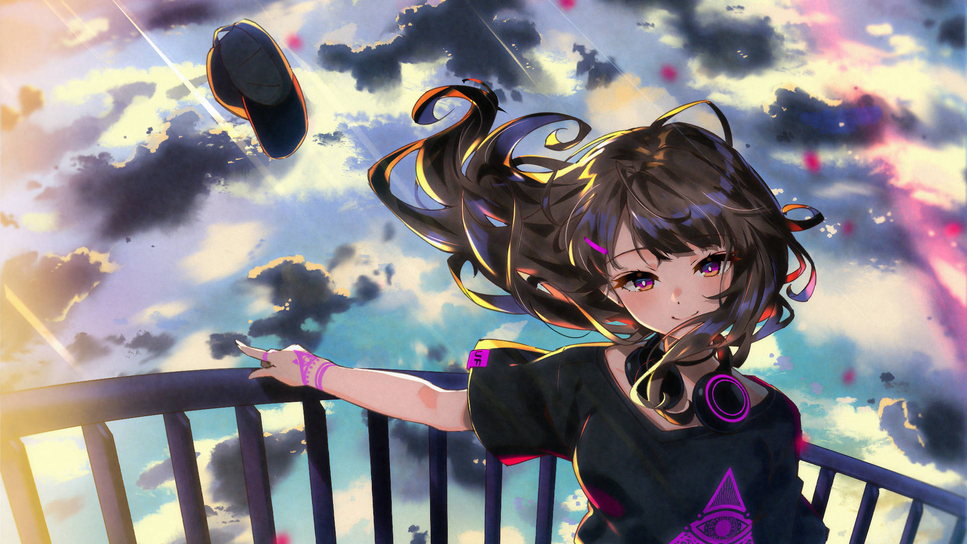 A painting of a Japanese anime-style girl in colorful clothing Wallpaper