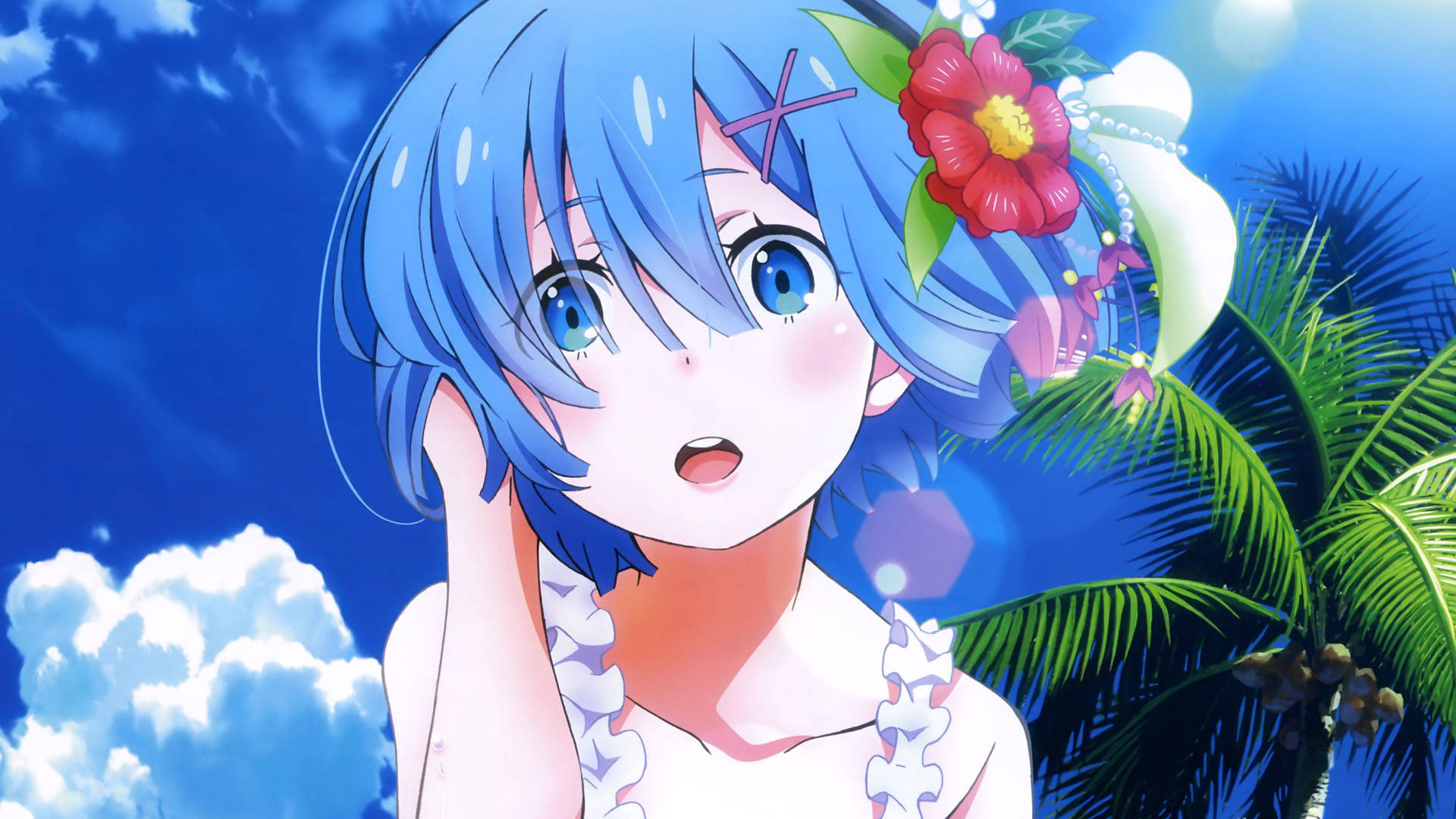 4K girl anime with short blue hair on the beach wallpaper