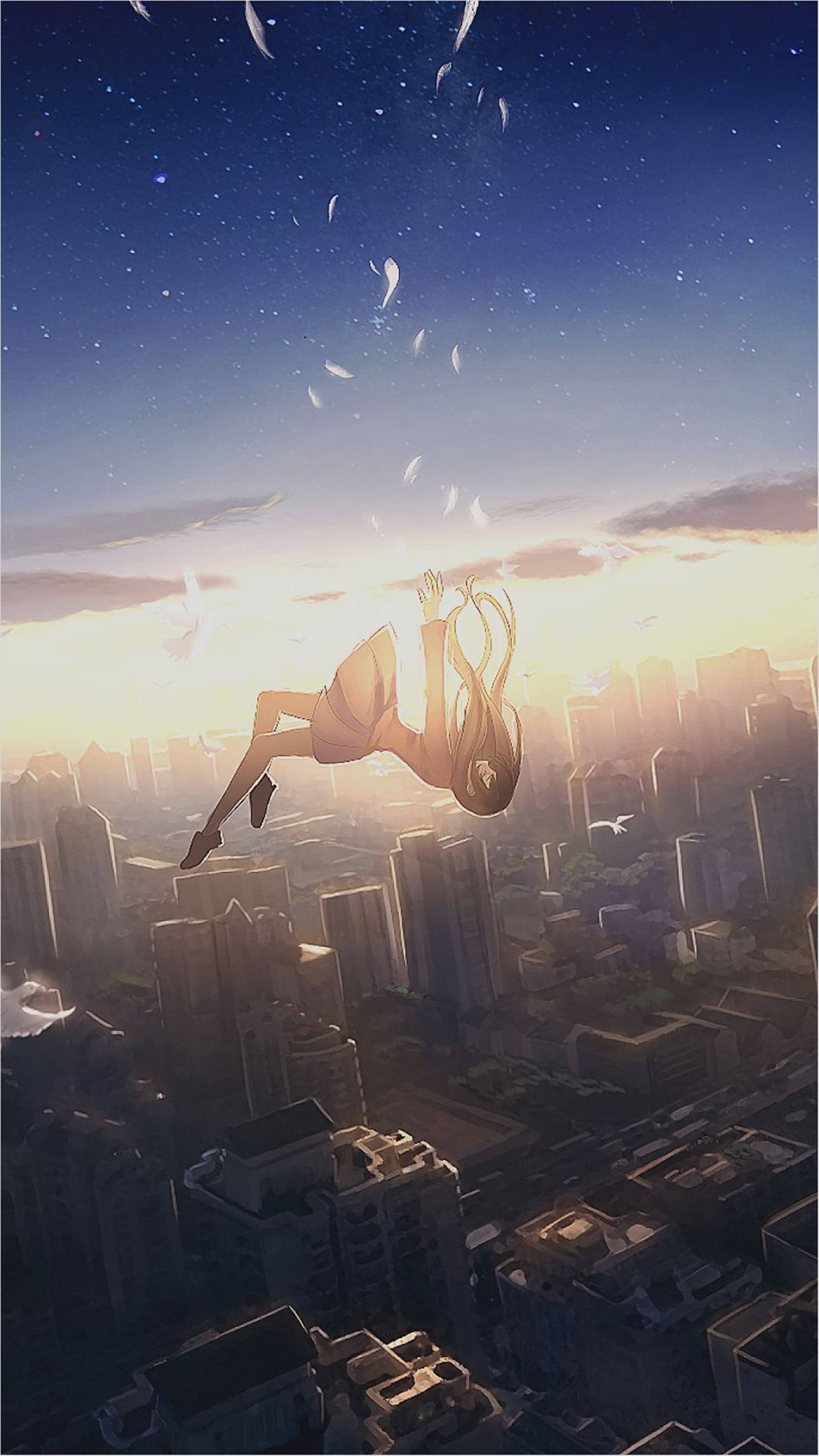 4K Anime IPhone Falling City Girl Wallpaper