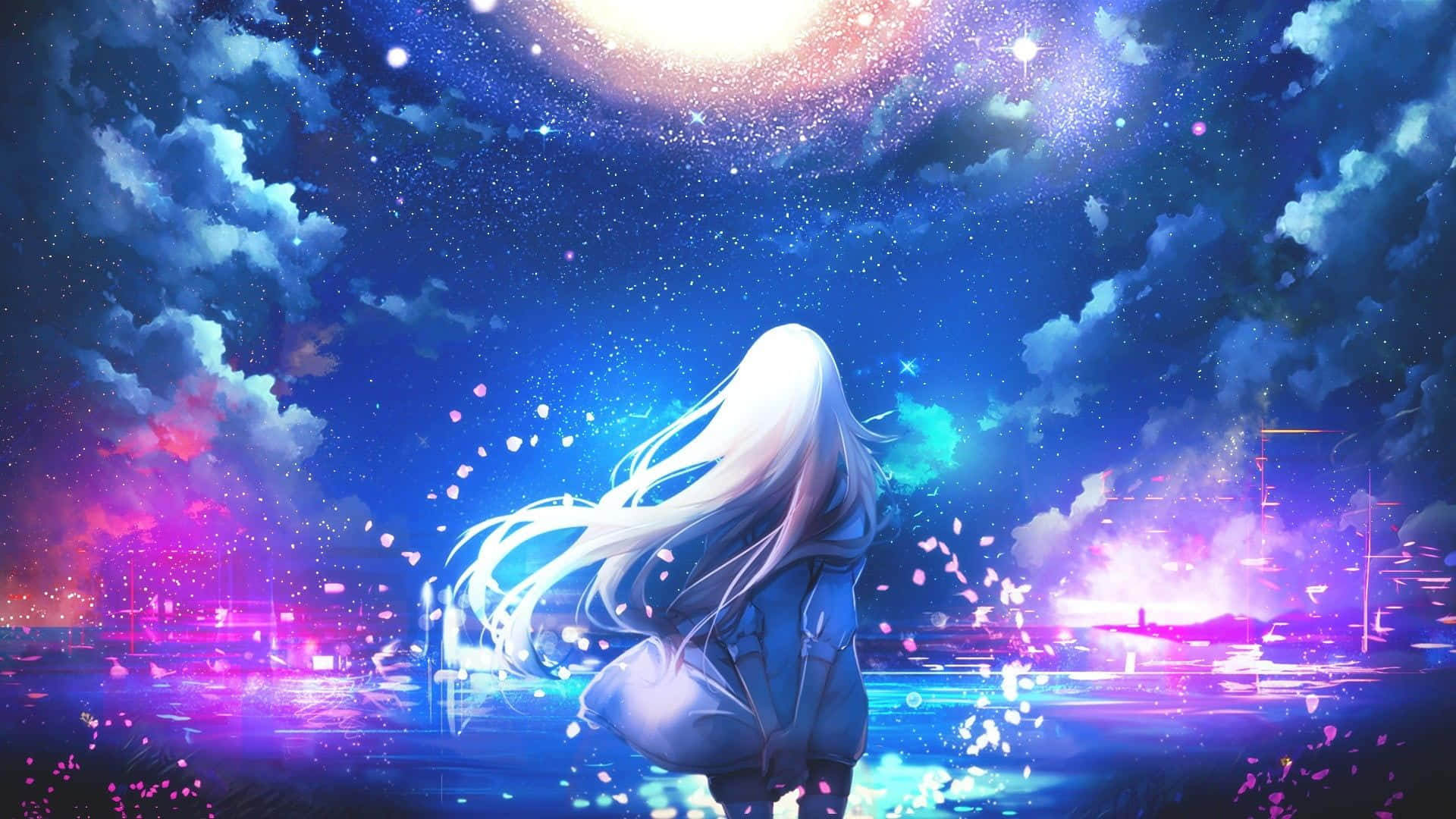 A Girl With Long Hair Standing In The Water With A Starry Sky Wallpaper