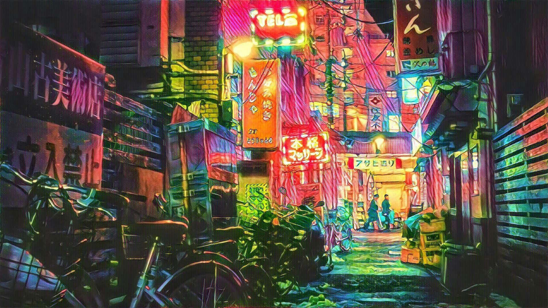 A Neon Lit Alley With A Bicycle And A Sign Wallpaper