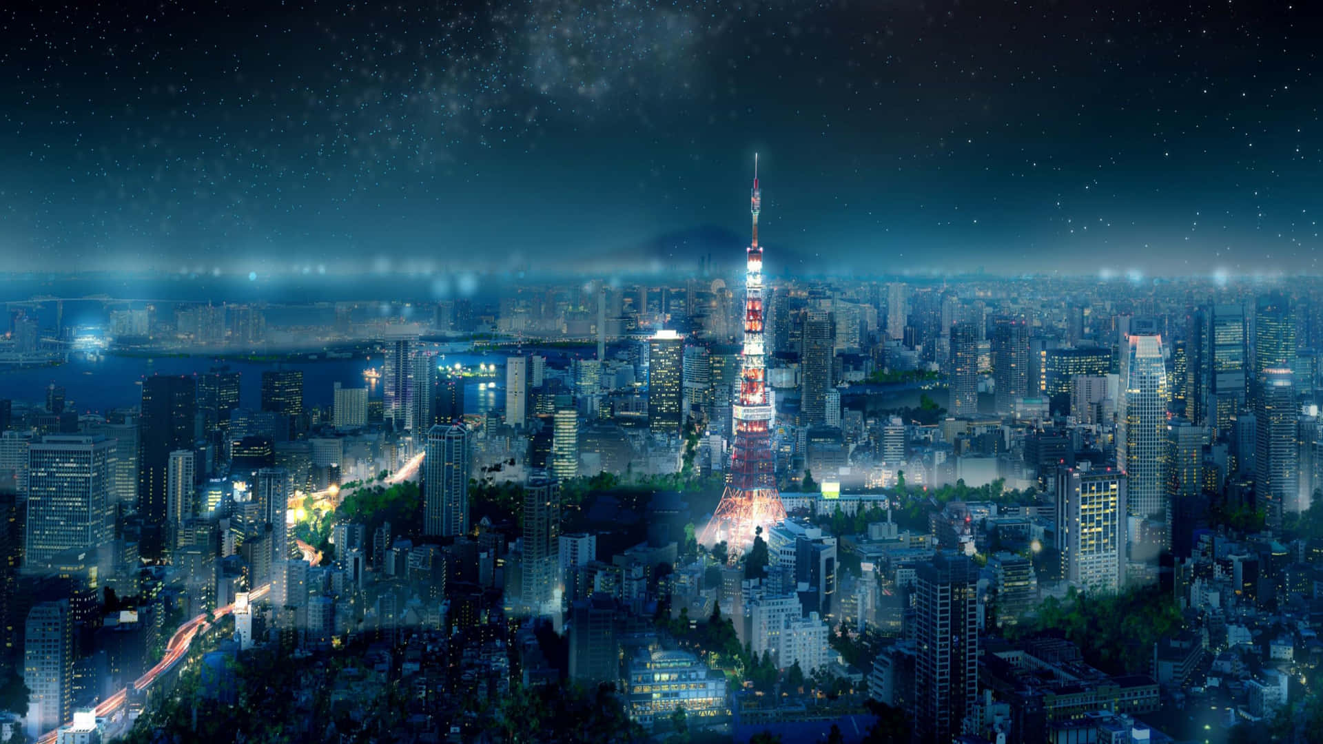 Unavista Notturna Affascinante Della Skyline Di Tokyo Con Un Tocco Anime Sfondo