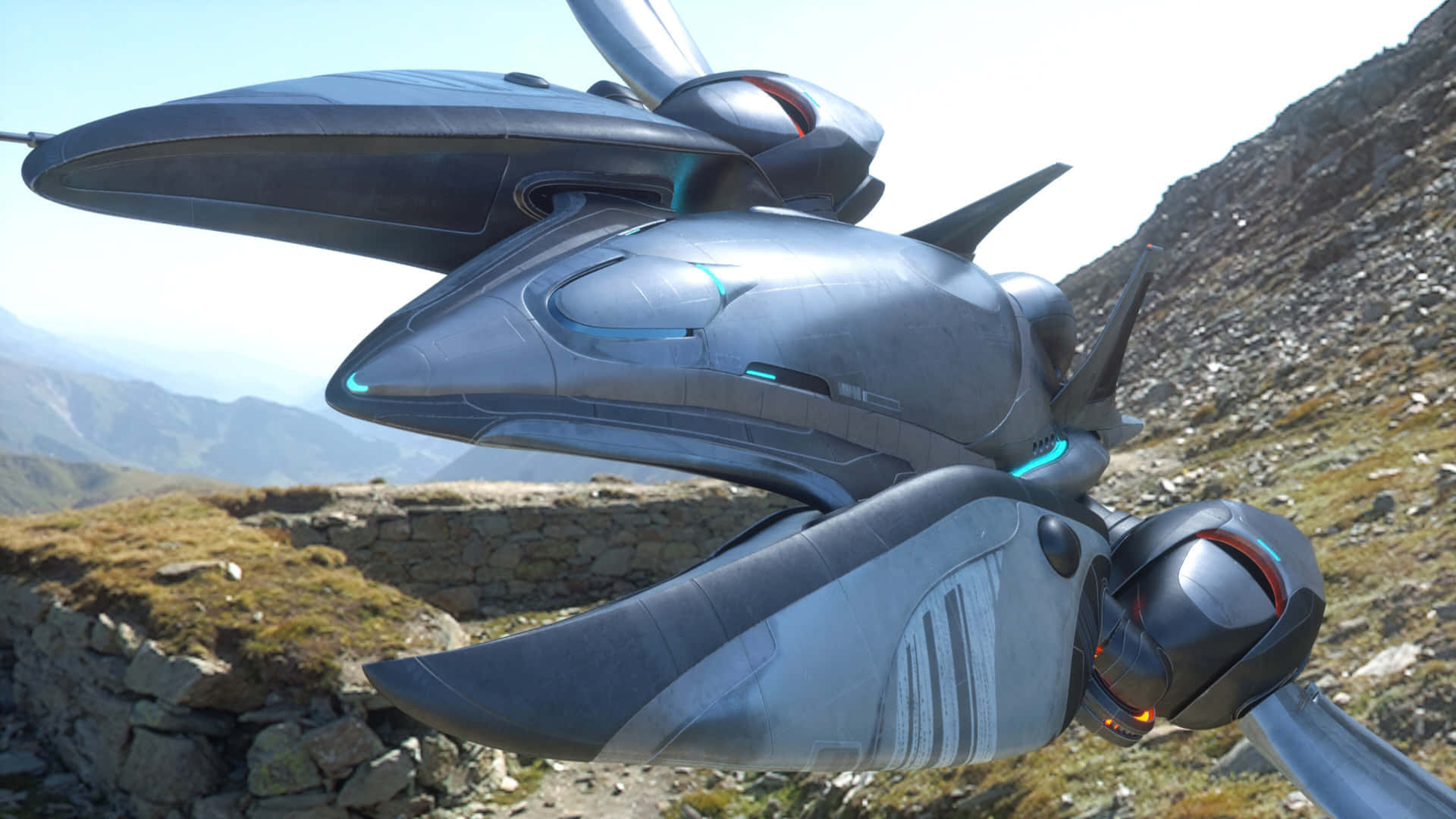 A Futuristic Spaceship Flying Over A Mountain