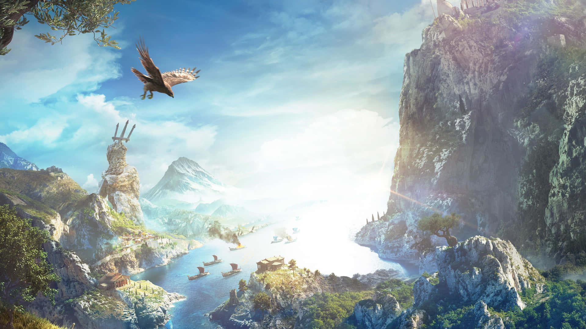 A Fantasy Scene With Birds Flying Over A Mountain