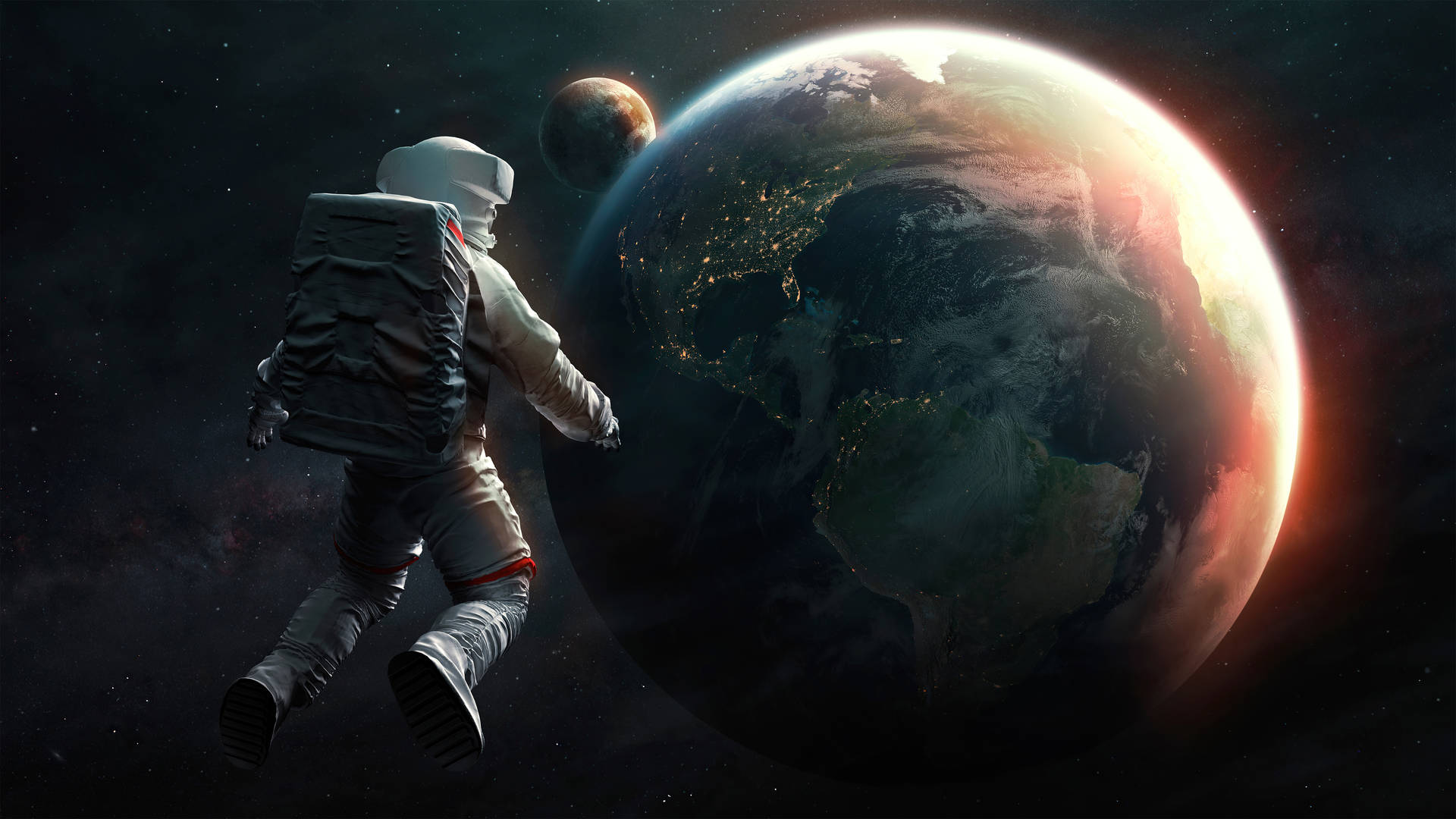 4K Astronaut med Planet Jorden og Mars Wallpaper