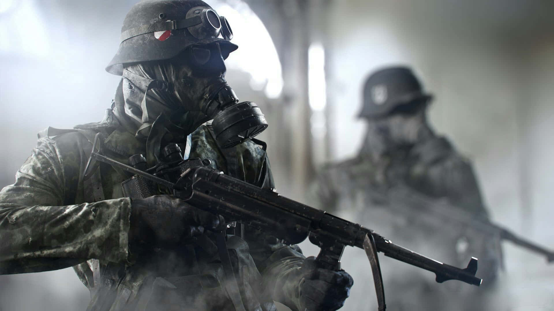 To soldater i en gasmaske holdende geværer Wallpaper