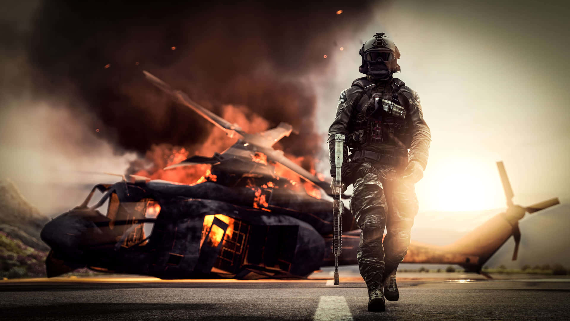A Soldier Is Walking In Front Of A Helicopter Wallpaper