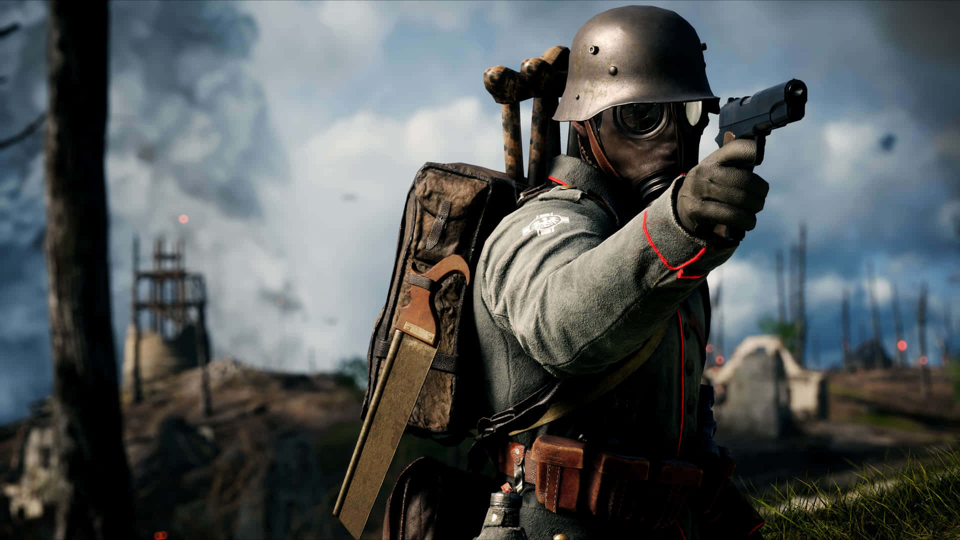 En soldat holder et gevær i et spil slagmark Wallpaper