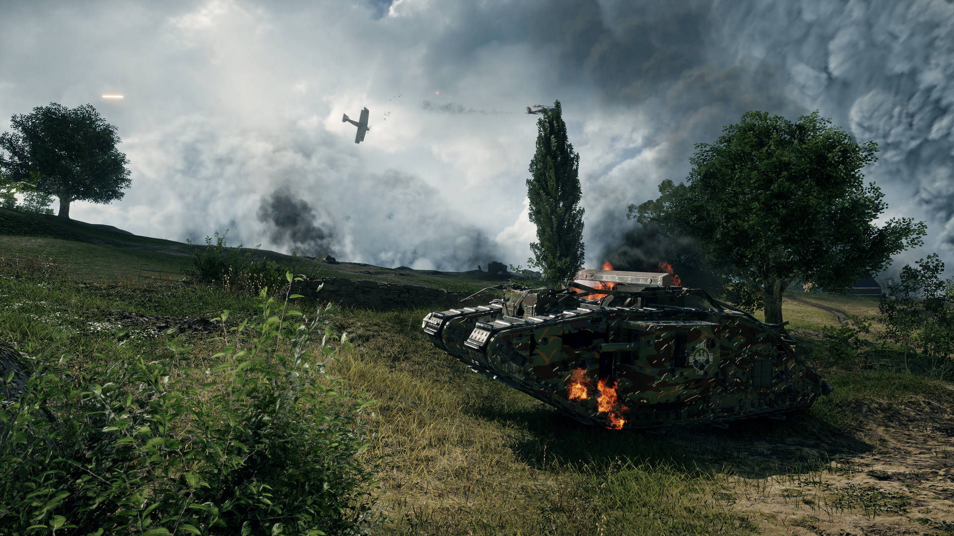 Caption: 4K Battlefield 1 - Mark V Tank in Destruction Scene Wallpaper