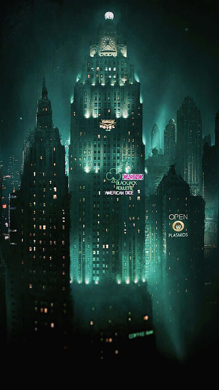 A City With A Green Light On It Wallpaper