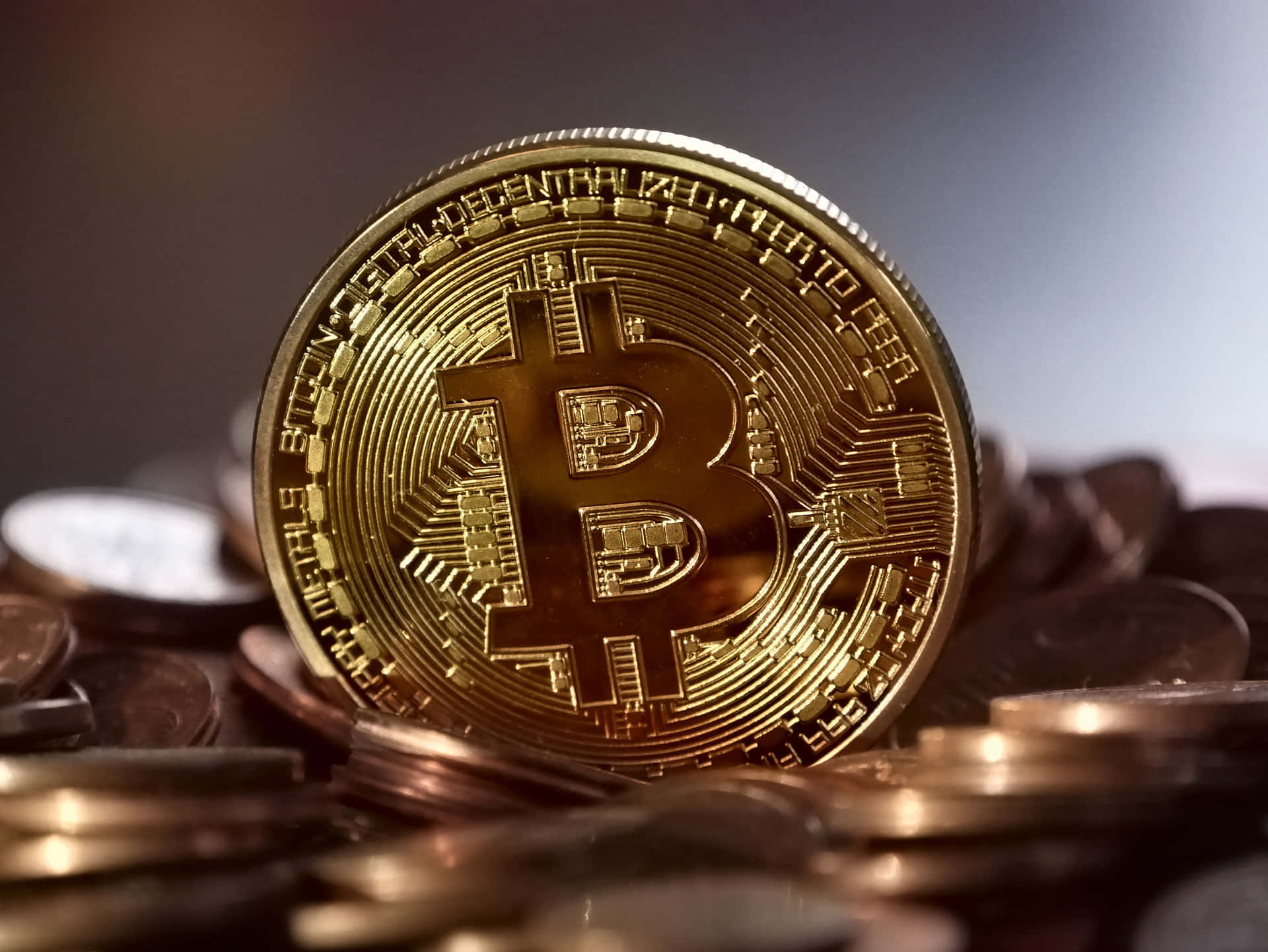 Bitcoin sidder på toppen af en bunke af mønter. Wallpaper
