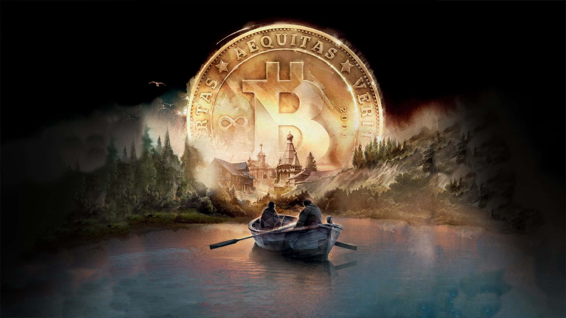 A Man In A Boat Is In The Water With A Bitcoin Coin Wallpaper