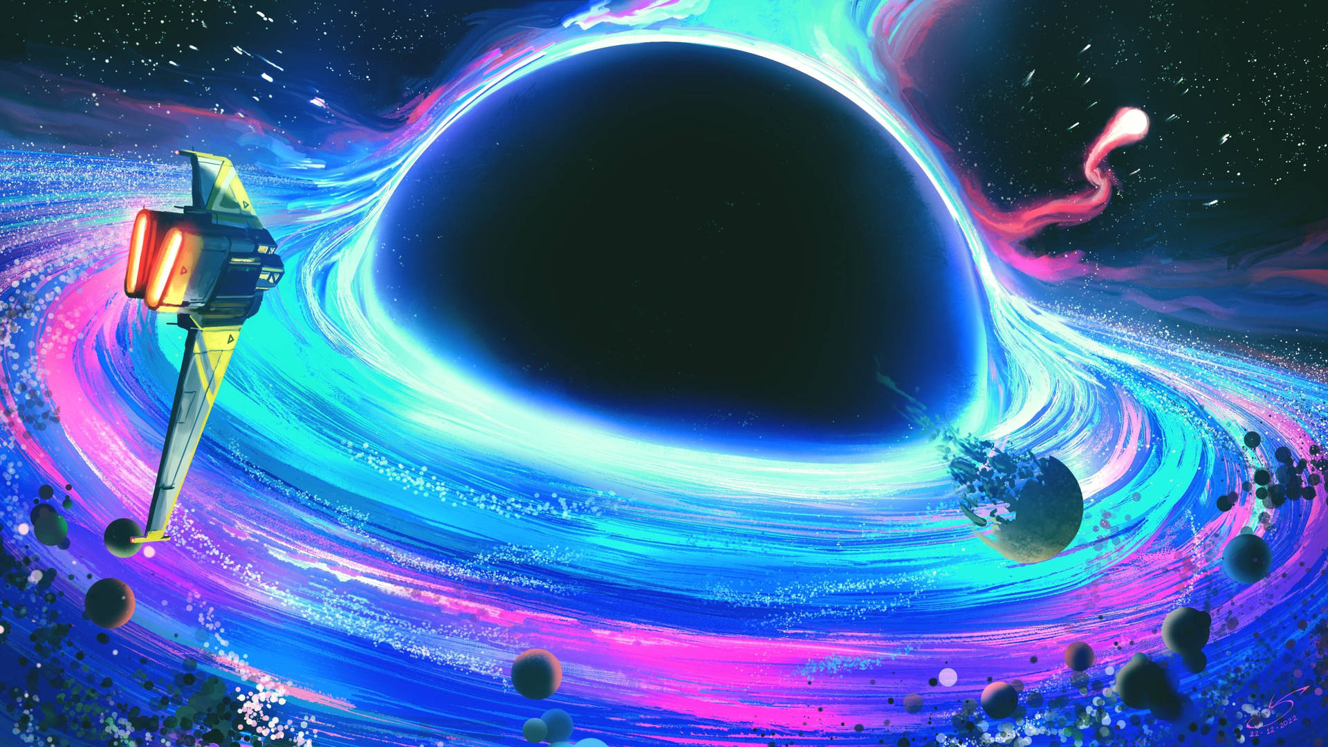 4K Black Hole Neon Spaceship Art Wallpaper