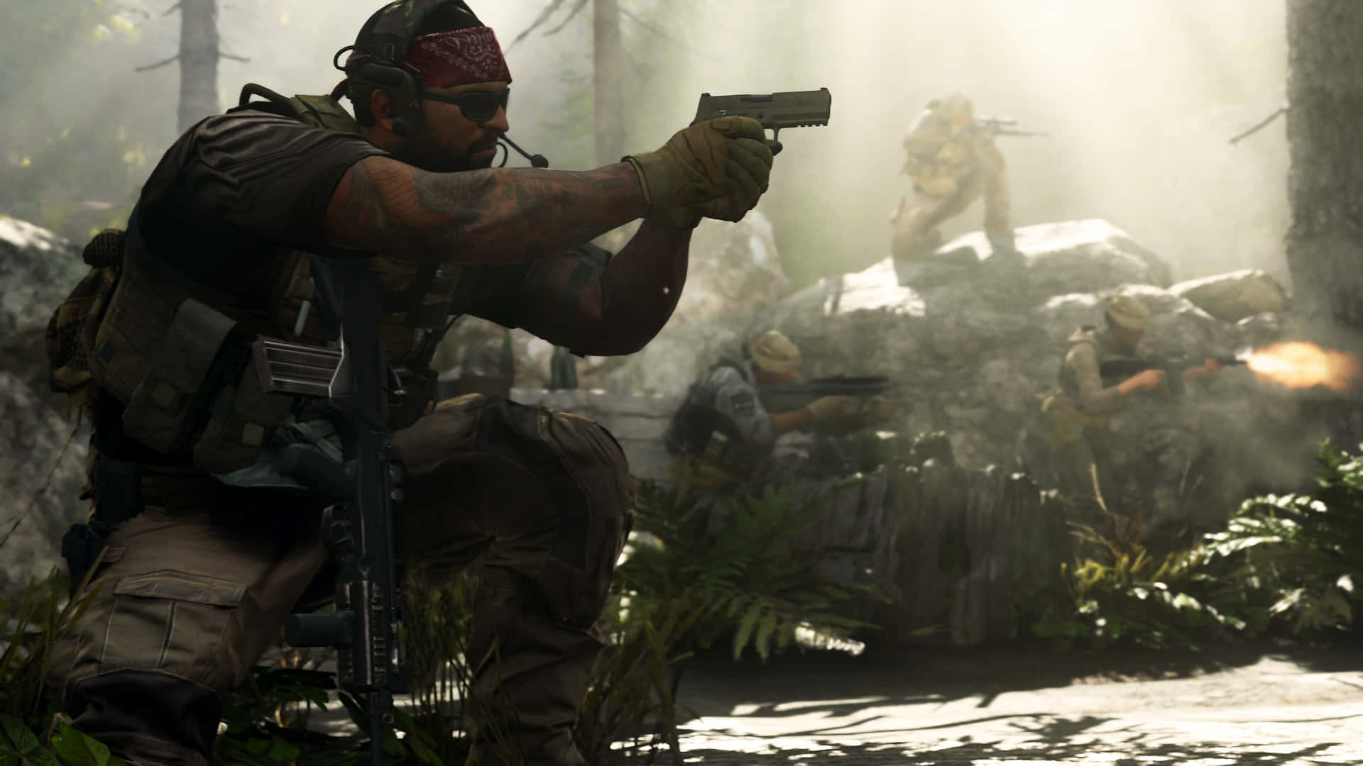 Operativmed Målsiktande Pistol På 4k-bakgrund Från Call Of Duty: Modern Warfare