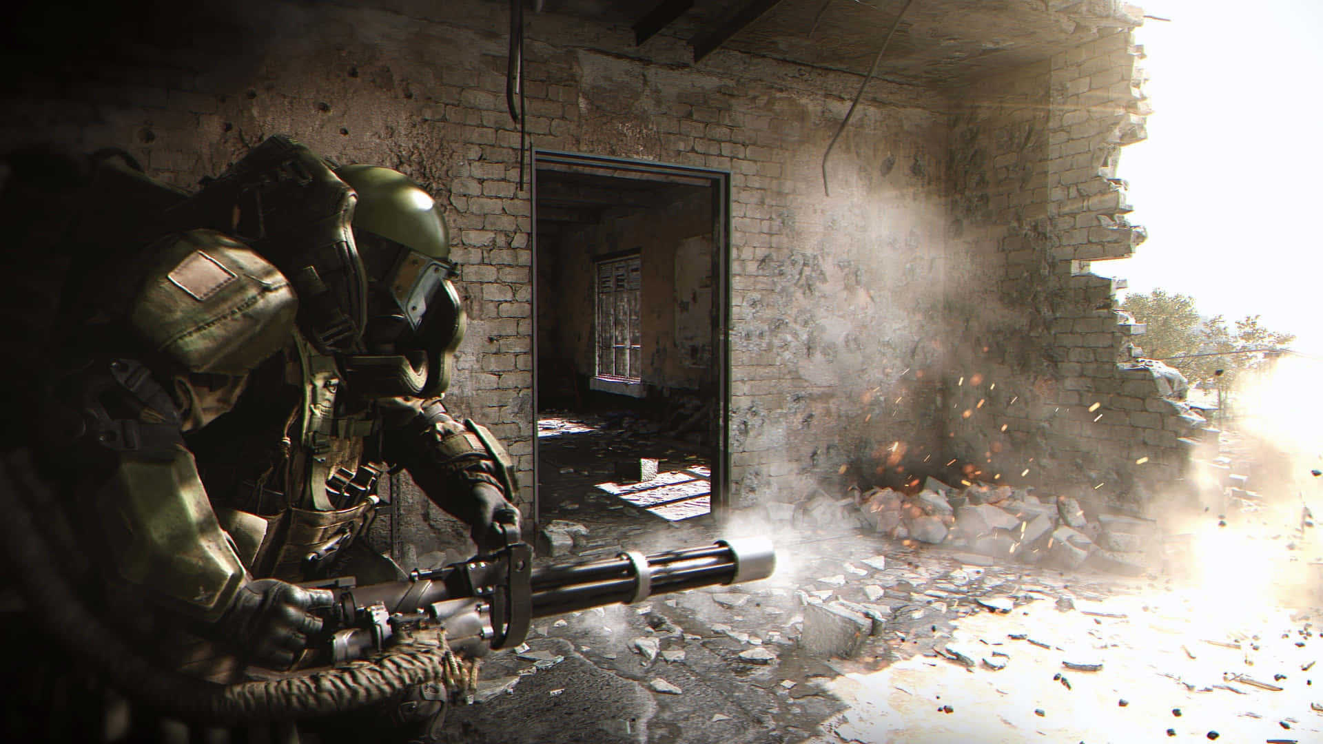 4kcall Of Duty Modern Warfare Bakgrundssoldat Som Skjuter Kulspruta.