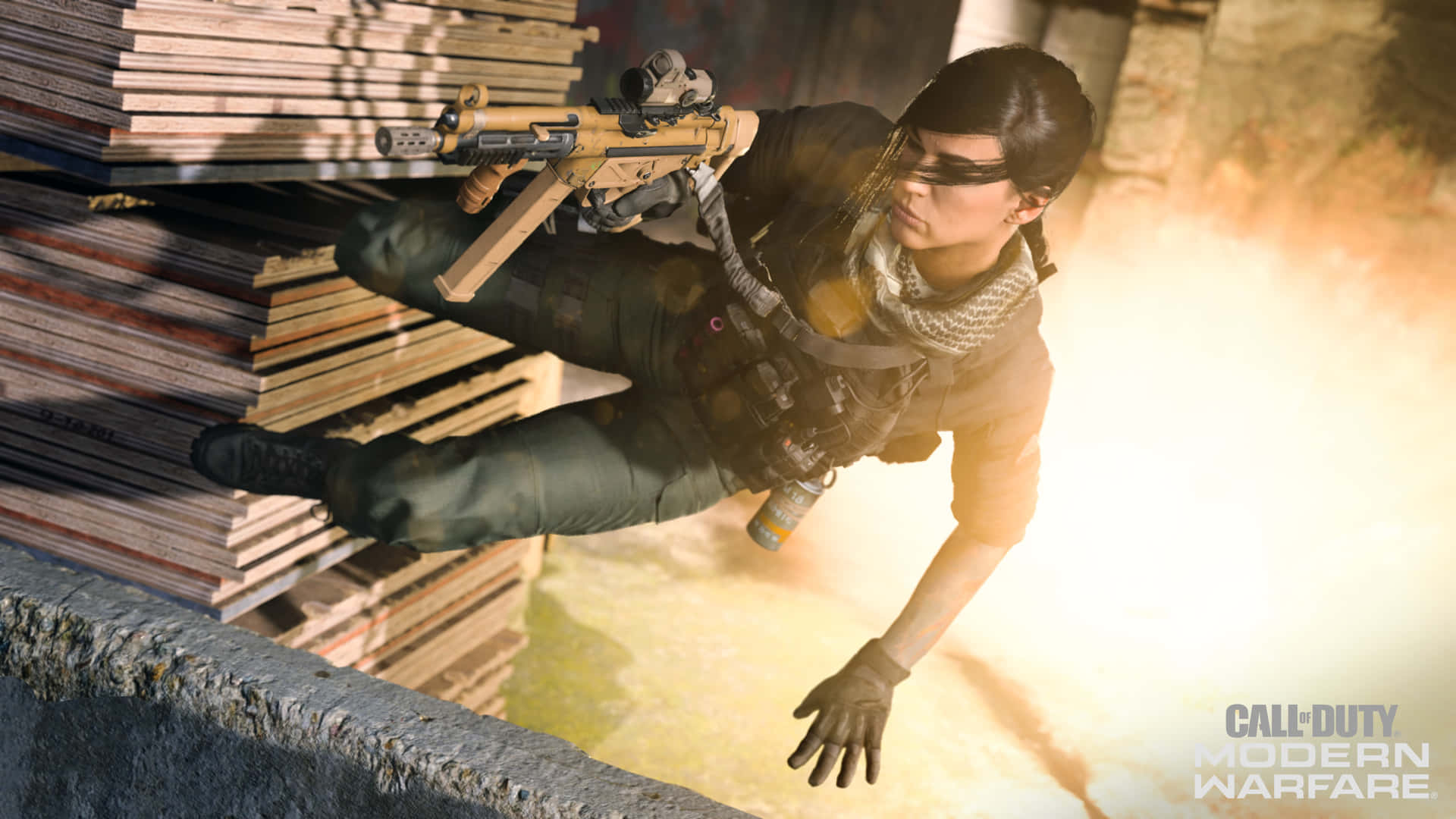 4kbakgrundsbild För Call Of Duty Modern Warfare Med En Kvinna Som Skjuter Med Ett Smg