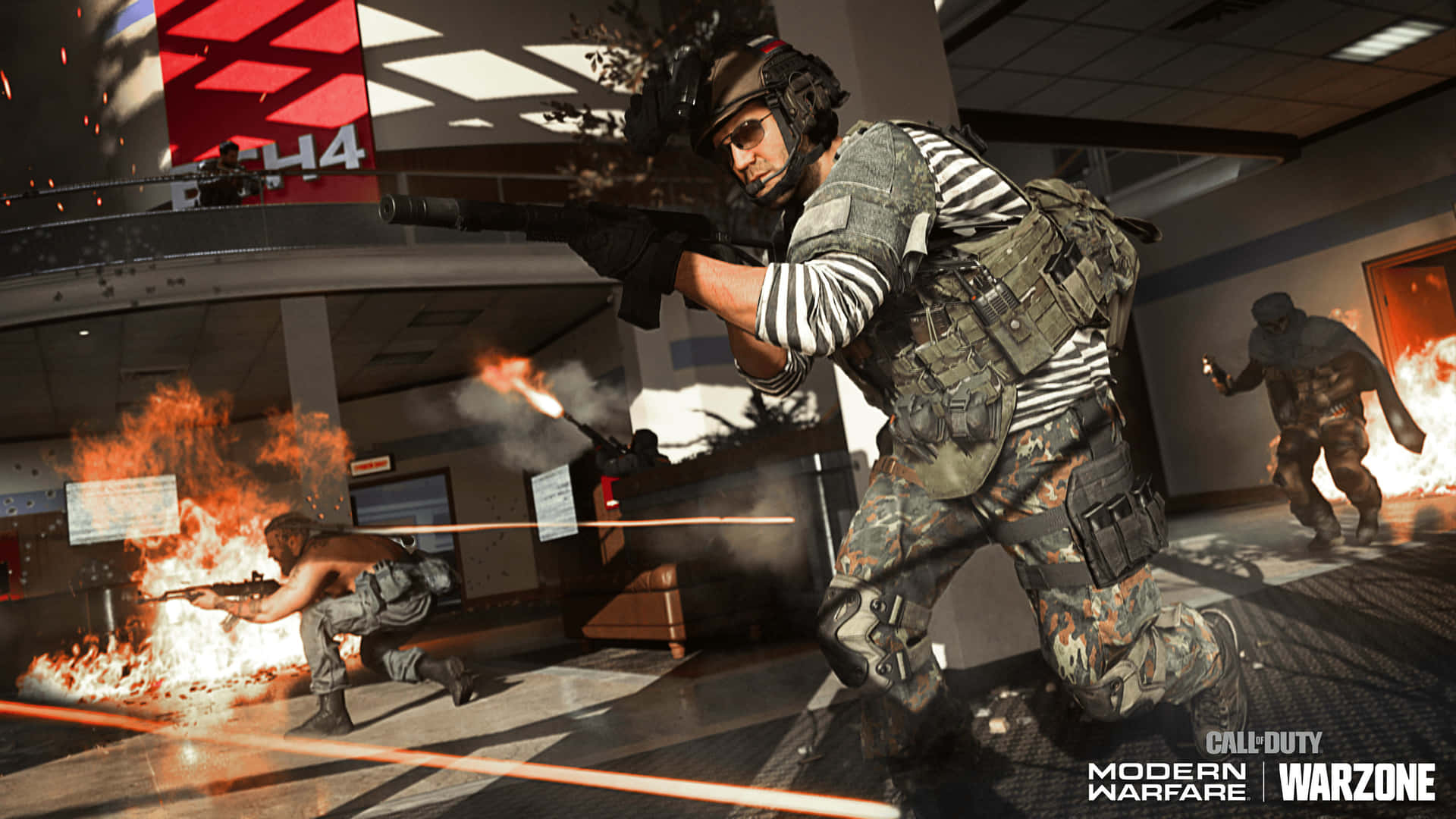 Fondode Pantalla De Call Of Duty Modern Warfare En 4k Con Soldados En Un Vestíbulo.