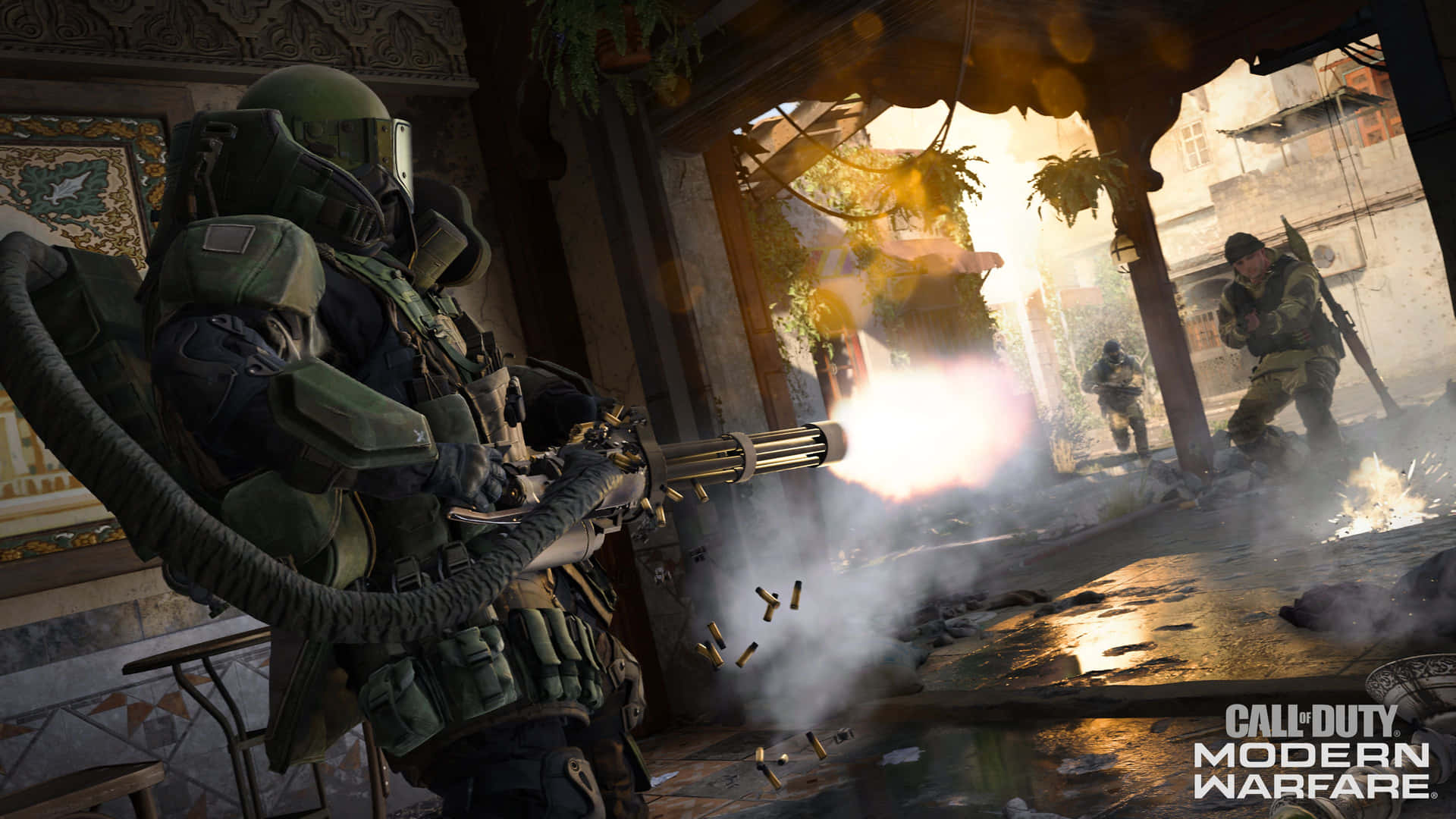 4kcall Of Duty Modern Warfare Bakgrundssoldat I En Byggnad Med Ett Kulspruta