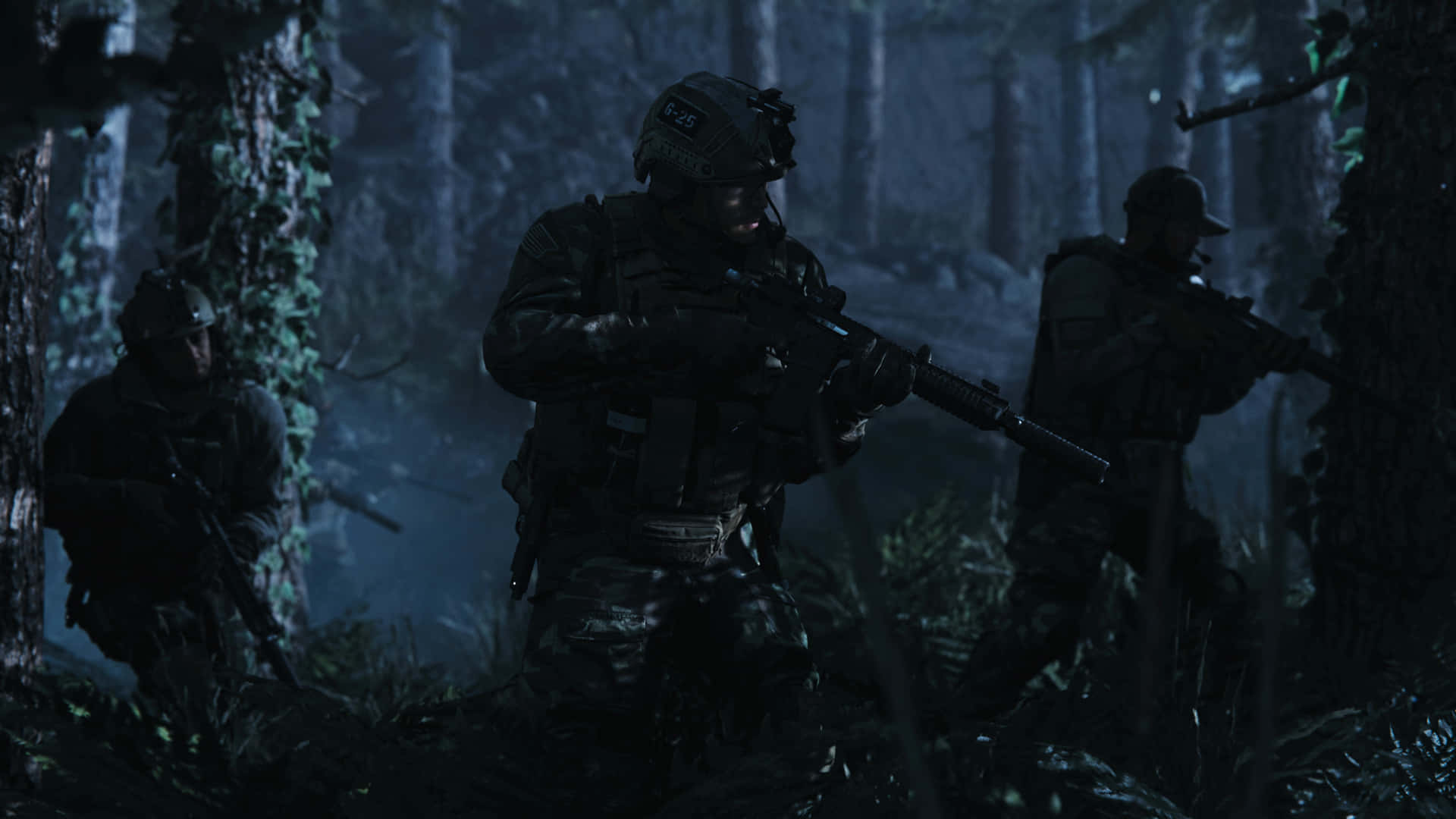 4kcall Of Duty Modern Warfare Bakgrundssoldater I En Mörk Skog