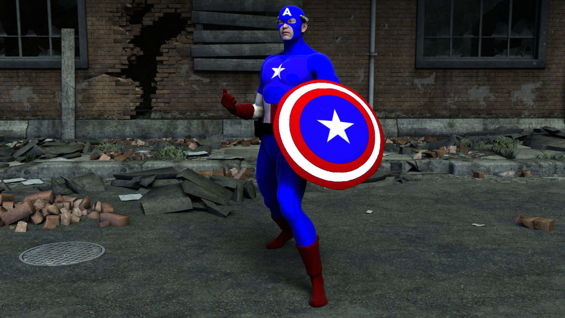 Capt. America stands ready, his iconic shield ready for battle.