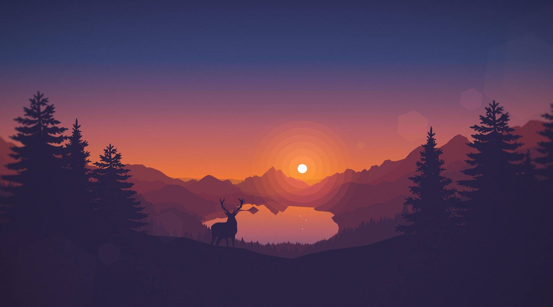 4k Computer Deer And Sunset Background