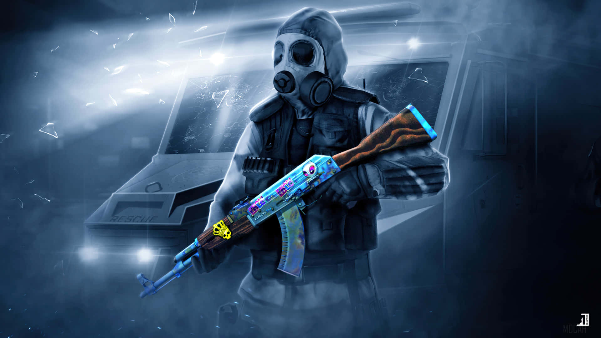 4k Counter-strike Global Offensive Background Gas Masked Person With A Stickered Ak 47 Background