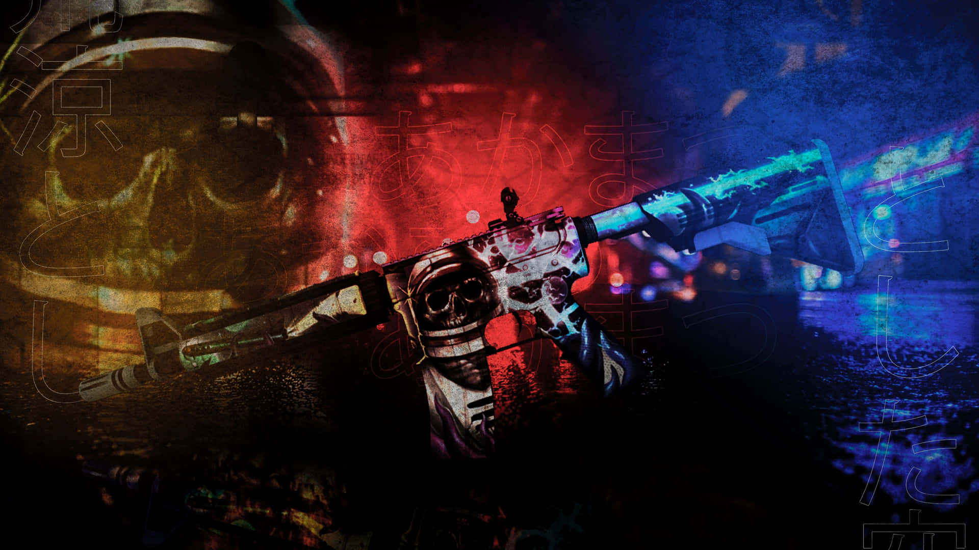 4k Counter-strike Global Offensive Background M4a4 Yellow Red Blue Paint Background