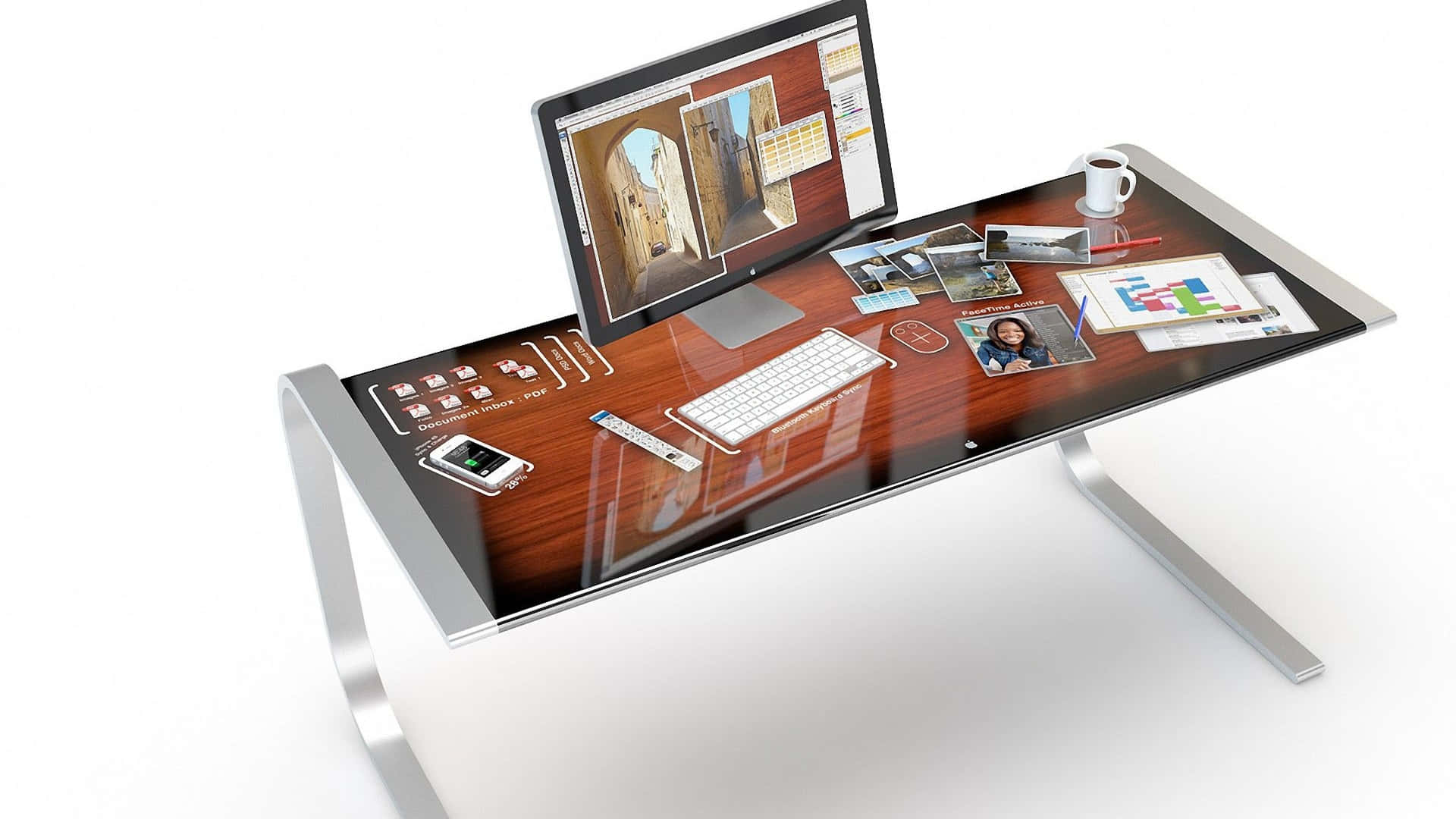 En skrivebord med en computer og en monitor