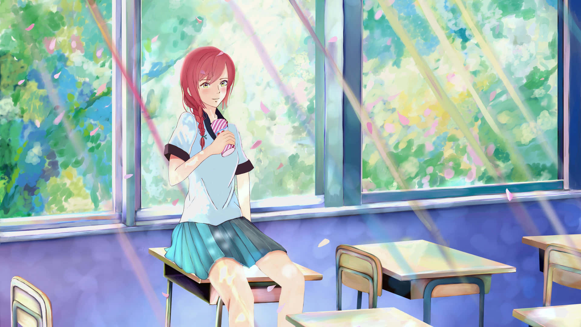 a girl sitting in a classroom with a window