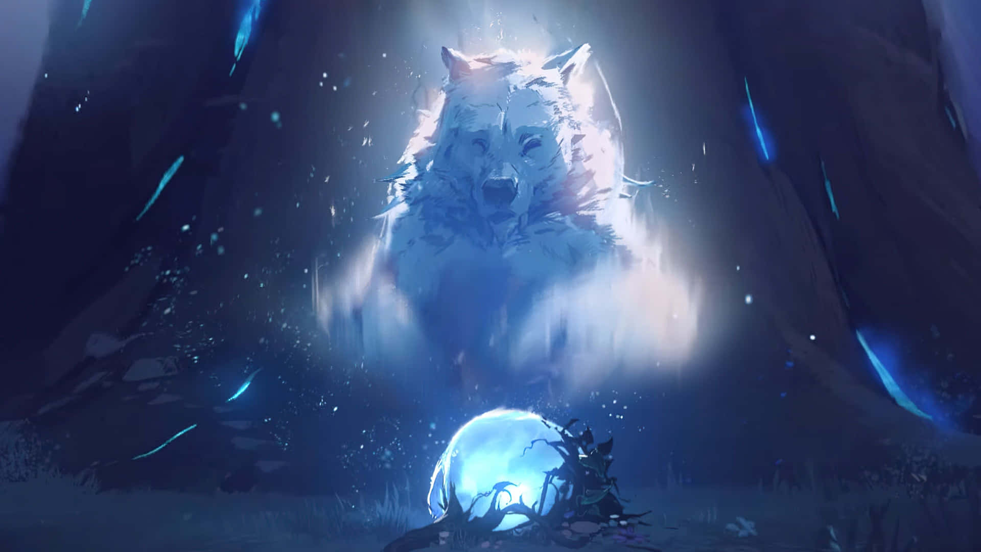 A Wolf Is Standing In The Forest With A Blue Ball