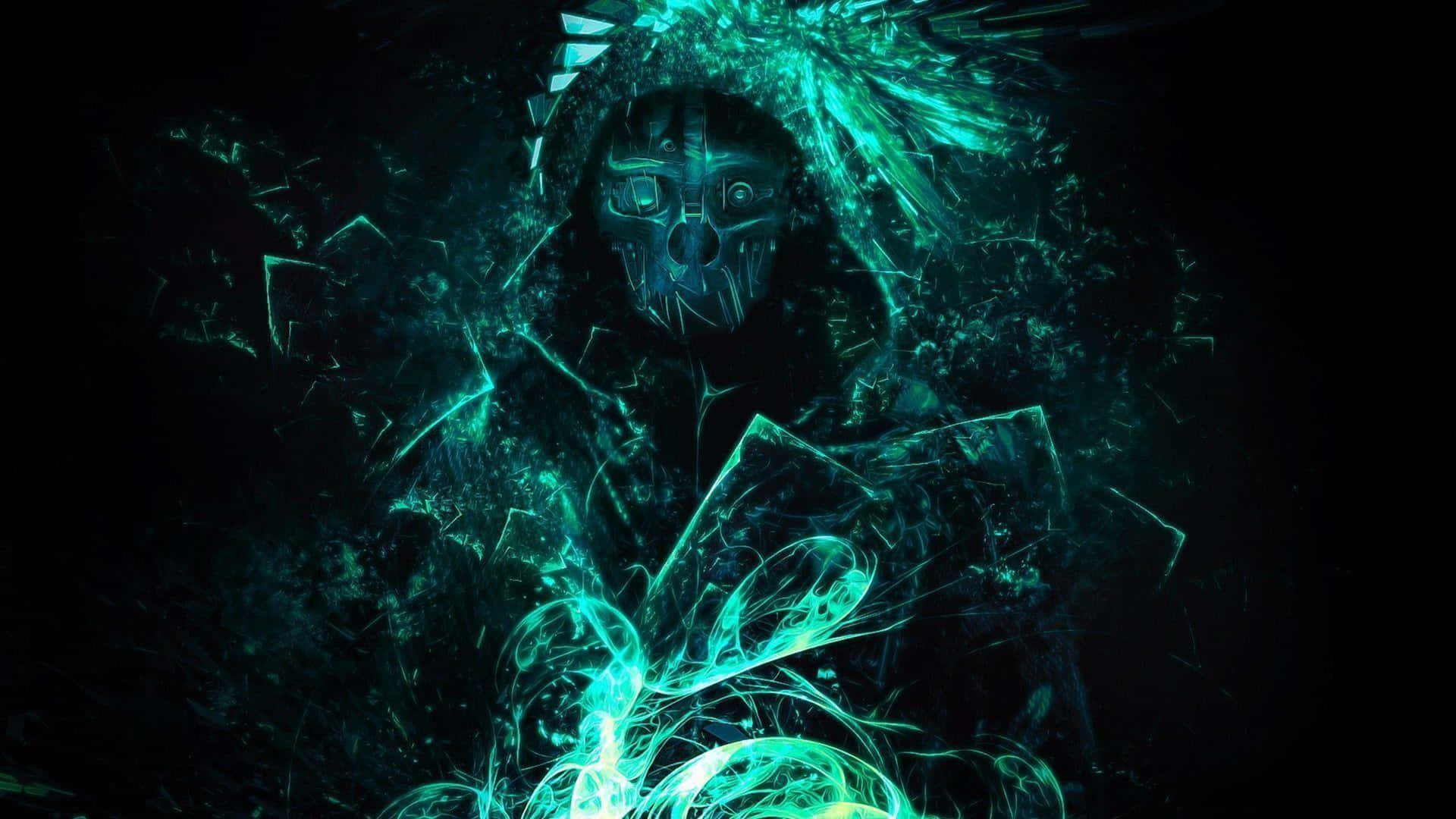 Et mørkt billede af en mand i hætte med grønne lys bag ham. Wallpaper
