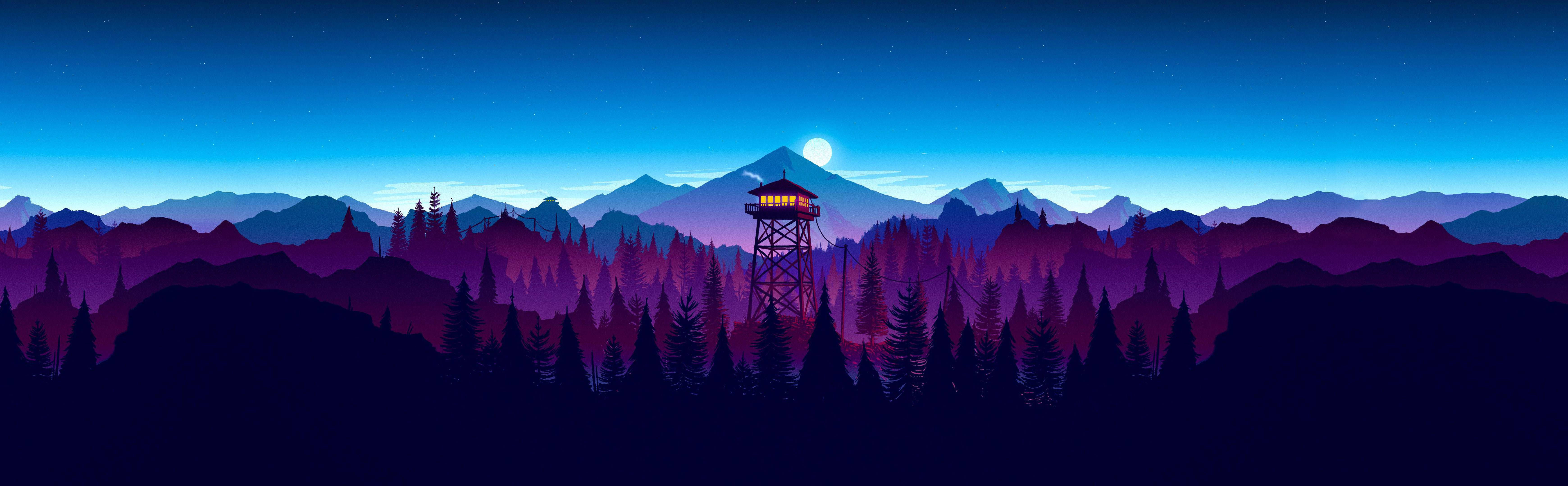 4K Dual Monitor Watchtower In Forest Wallpaper