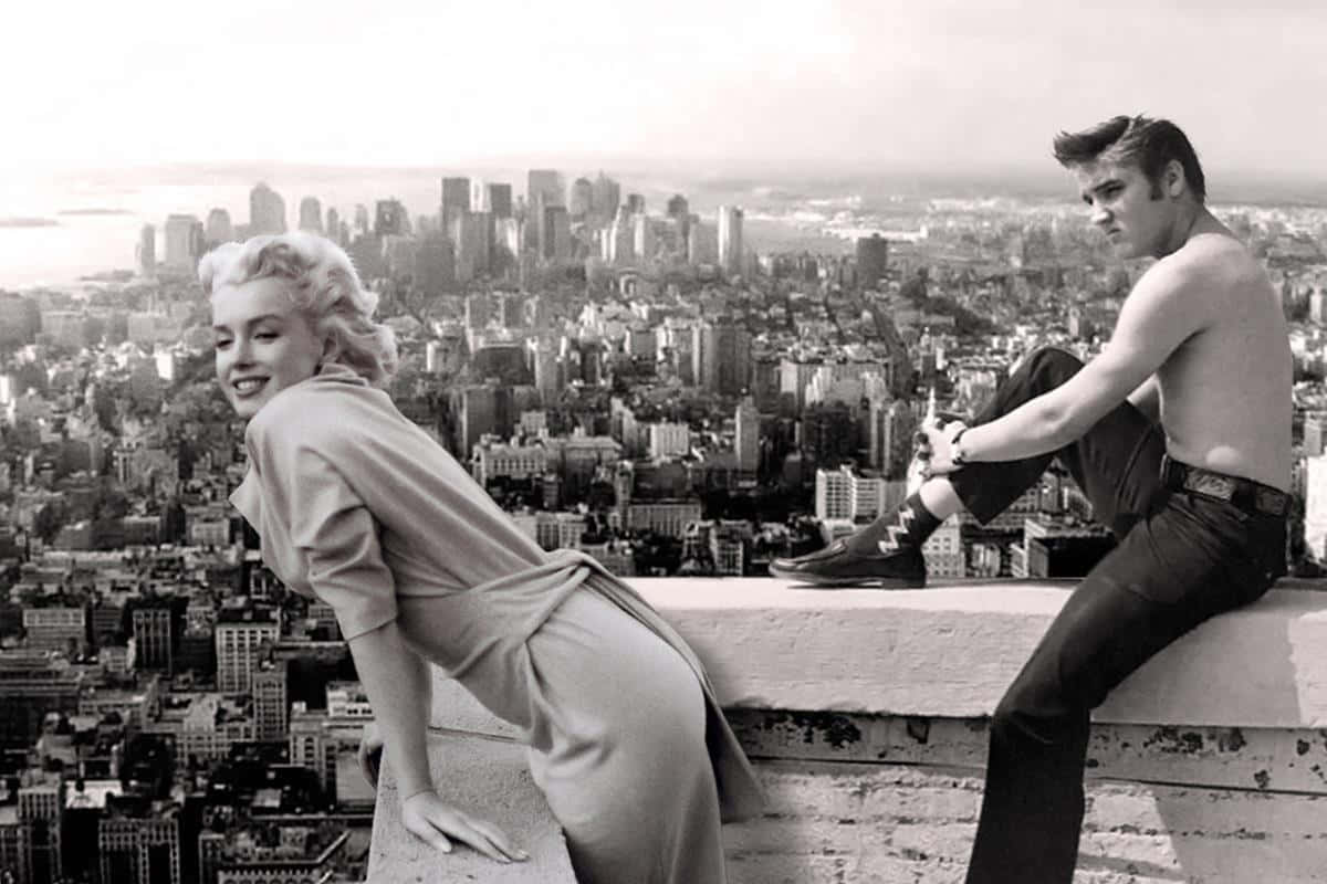Marilynmonroe Und John Lennon Auf Dem Dach Eines Gebäudes. Wallpaper
