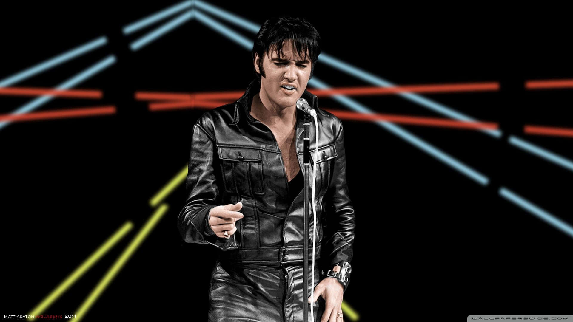 Elvis Presley In Leather Jacket And A Microphone Wallpaper