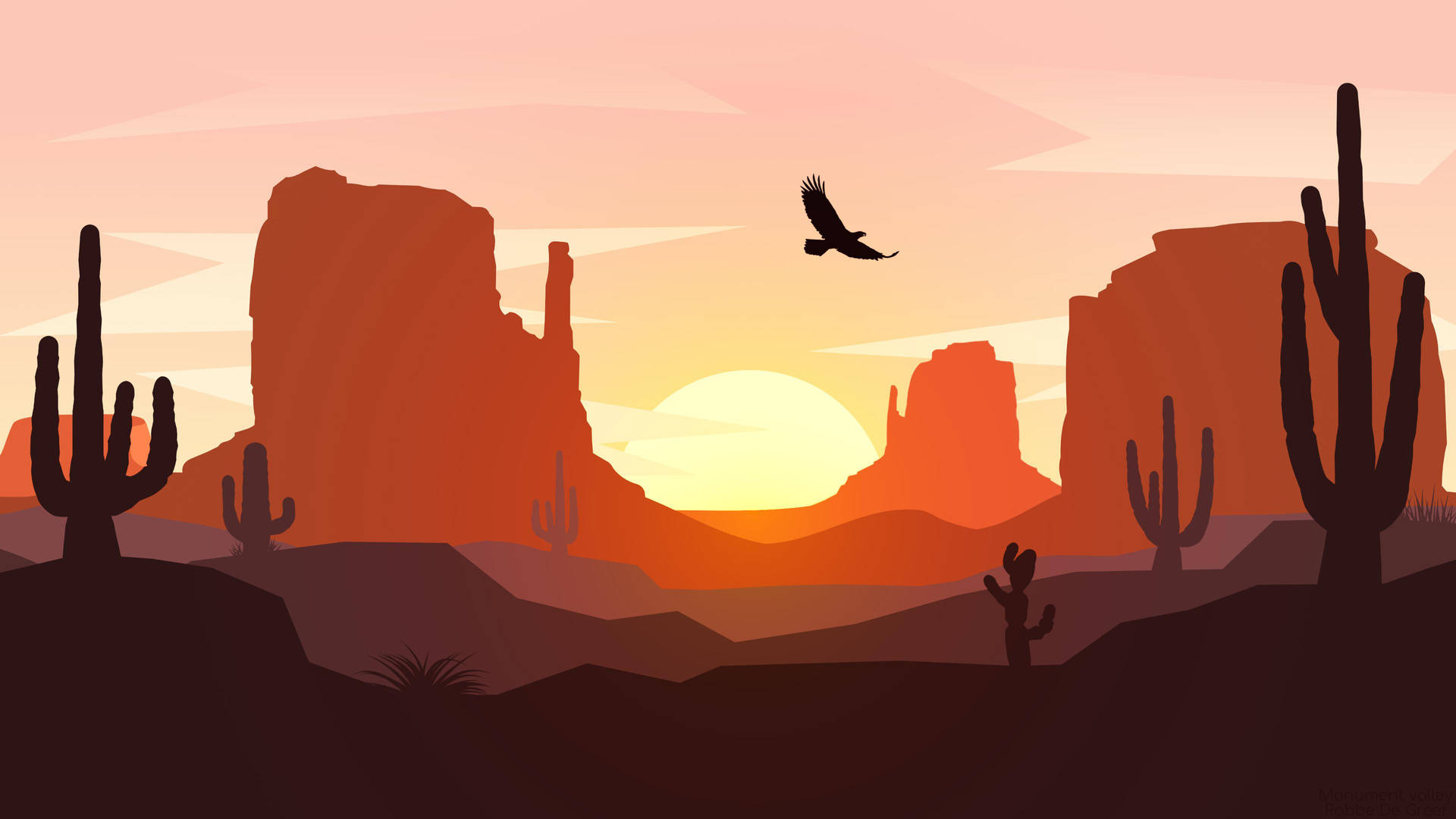 4k Flat Illustration Art Desert Sunset Sky Eagle Flying Wallpaper